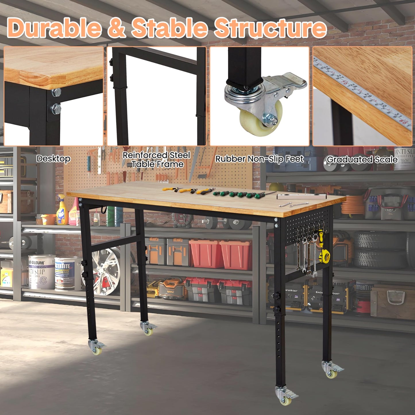 Adjustable Workbench with Wheels 70x21 Inches-Heavy Duty Adjustable Height Work Benches for Garage,Lockable Rolling Workbenches for Workshop and Home DIY 27.8"-39.5" Height