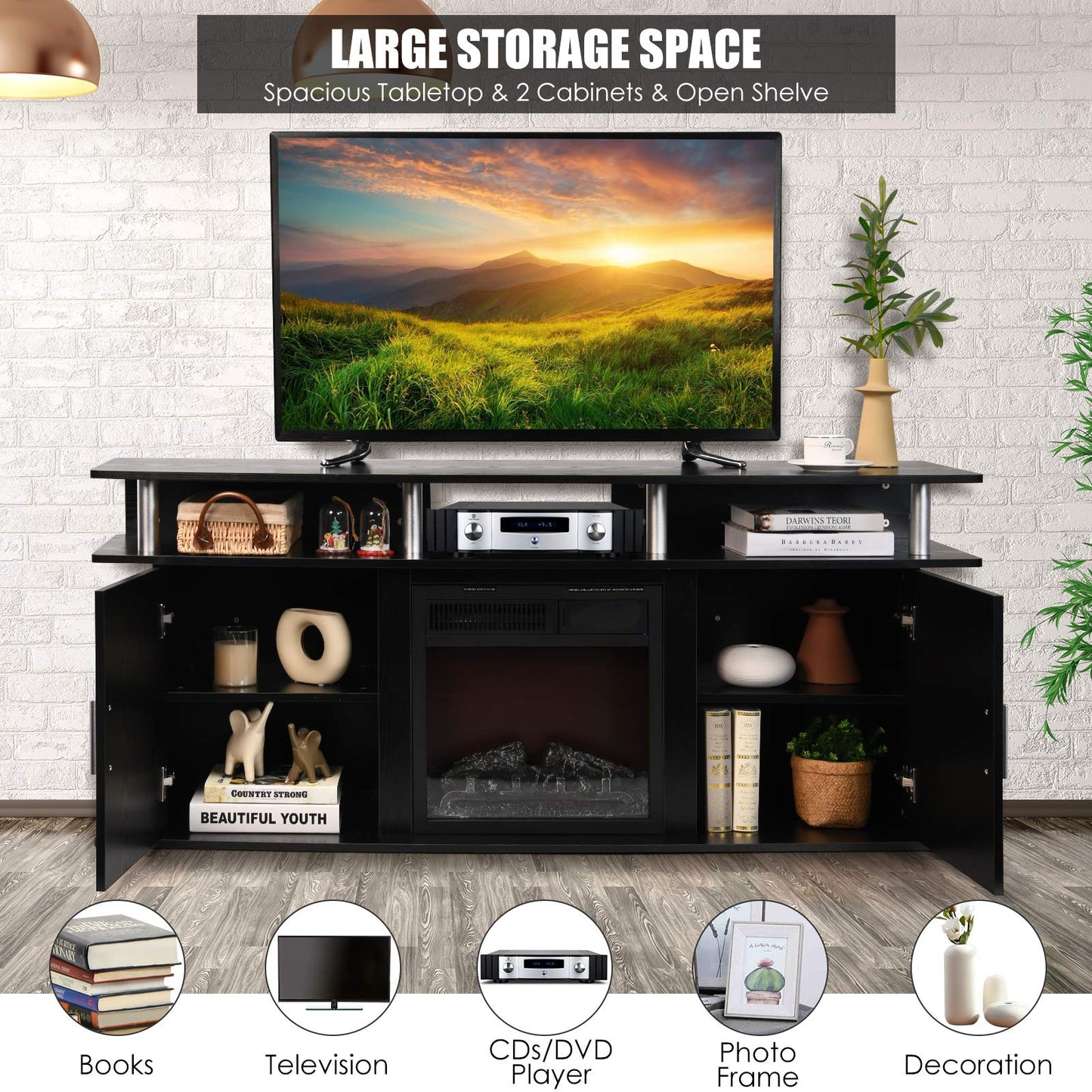 Tangkula Modern TV Stand for TVs up to 70 Inches, Living Room Console Table w/2 Cabinets & Open Shelves, Media Entertainment Center for 18 Inches Electric Fireplace (Not Included) (Black)