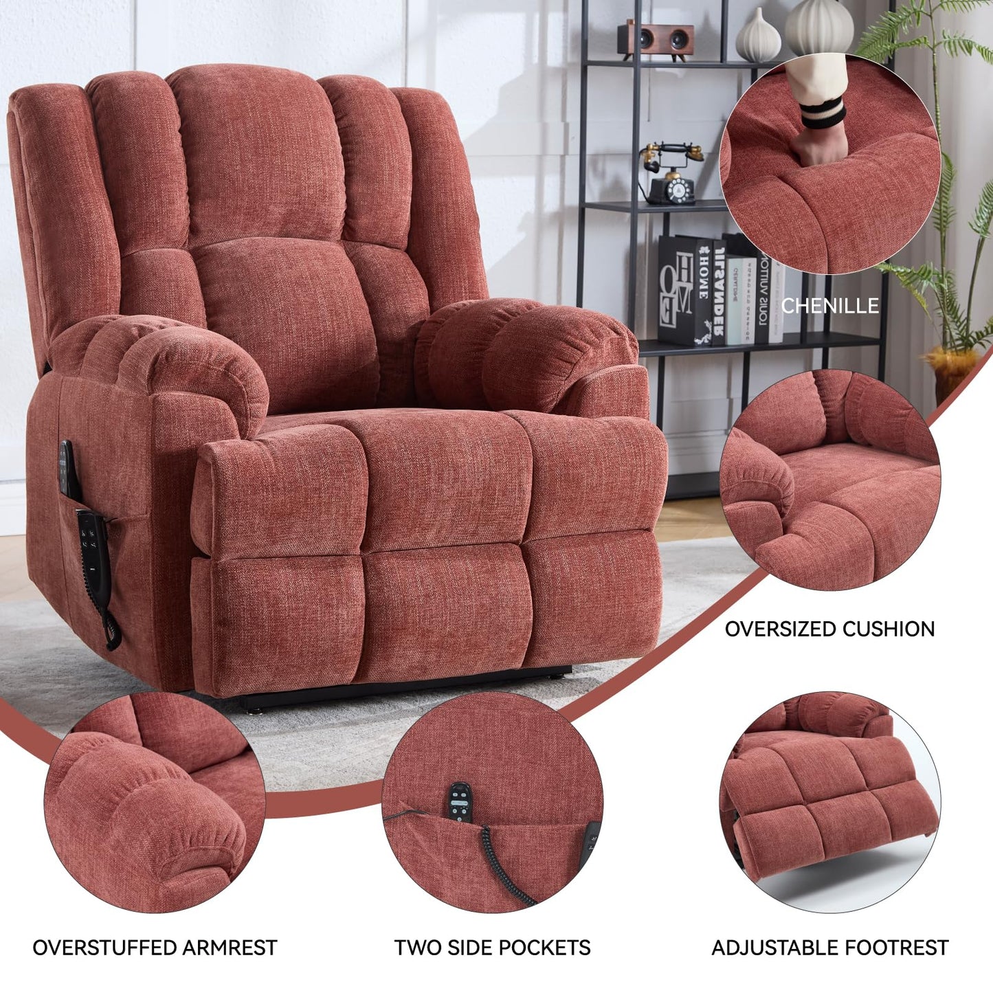 GDFStudio Dual Motor Power Lift Recliner Chair with Massage and Lumbar Heat, Heavy Duty Electric Reclining Chair with Remote Control, Supports Up to 350 LBS, Red