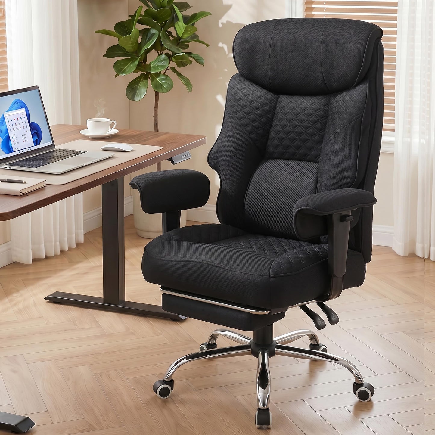 GTPLAYER Big and Tall Office Chair, High Back Computer Gaming Chair with Ergonomic Lumbar Support &Pocket Spring Cushion for Lower Back Pain Relief, Fabric Executive Chair with Foot Rest, Black