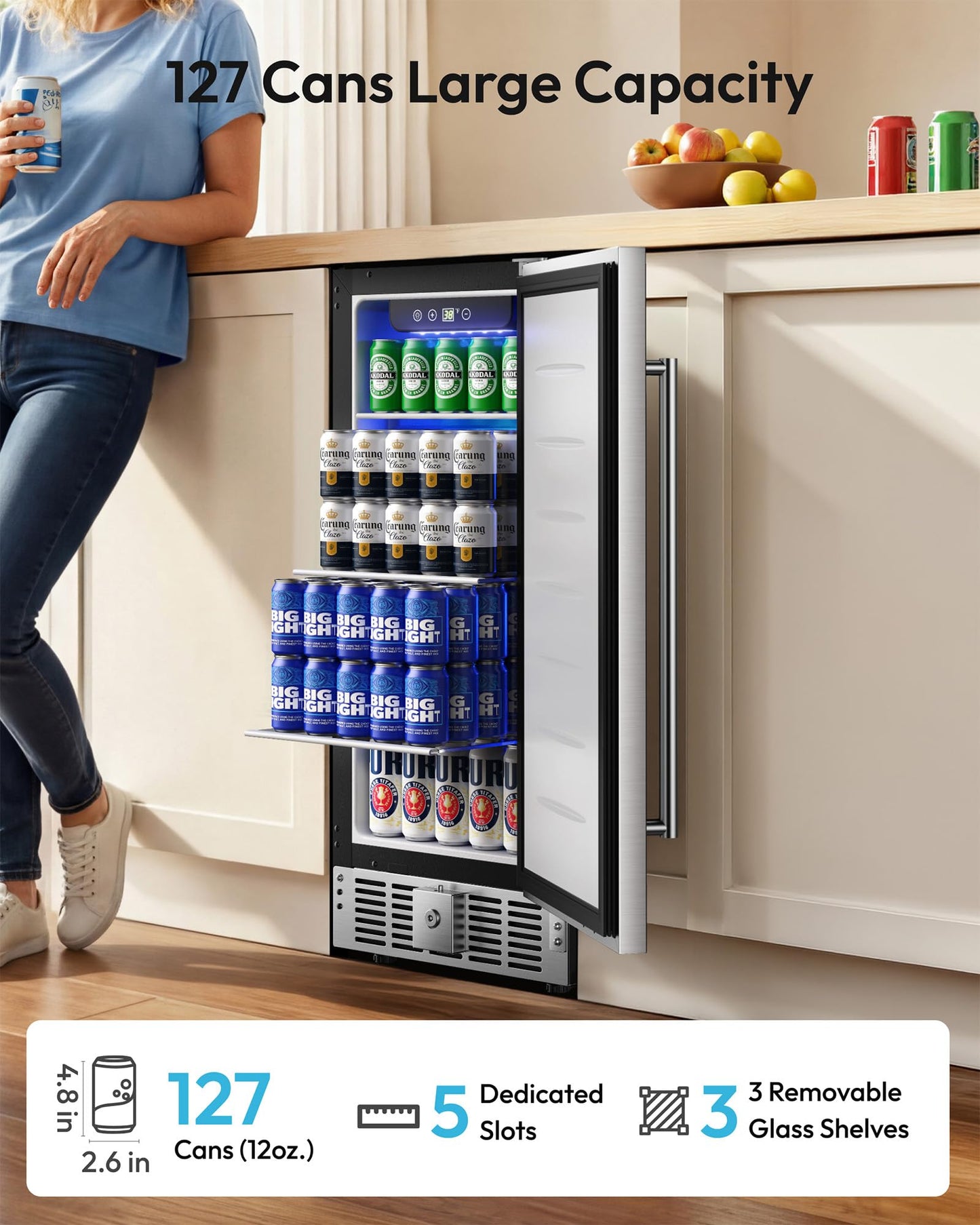 EUHOMY 15 Inch Under Counter Beverage Refrigerator, 127 Can Beverage Fridge with Stainless Steel Door, Beverage Cooler Built-in, Drink Fridge for Soda Beer and Wine