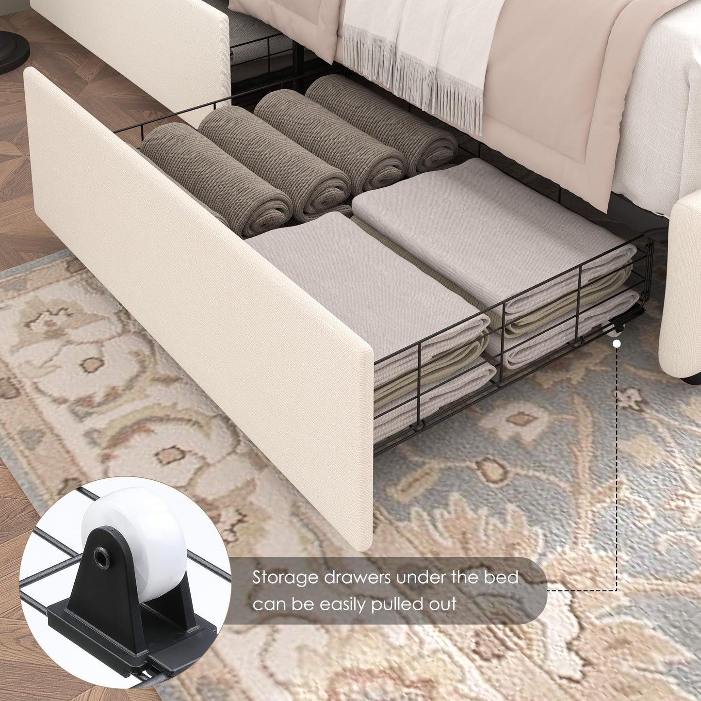 Keyluv Full Size Upholstered Platform Bed Frame with 4 Storage Drawers, Modern Beige Fabric Bed with Adjustable Button Tufted Headboard, Solid Wooden Slat Support, Easy Assembly