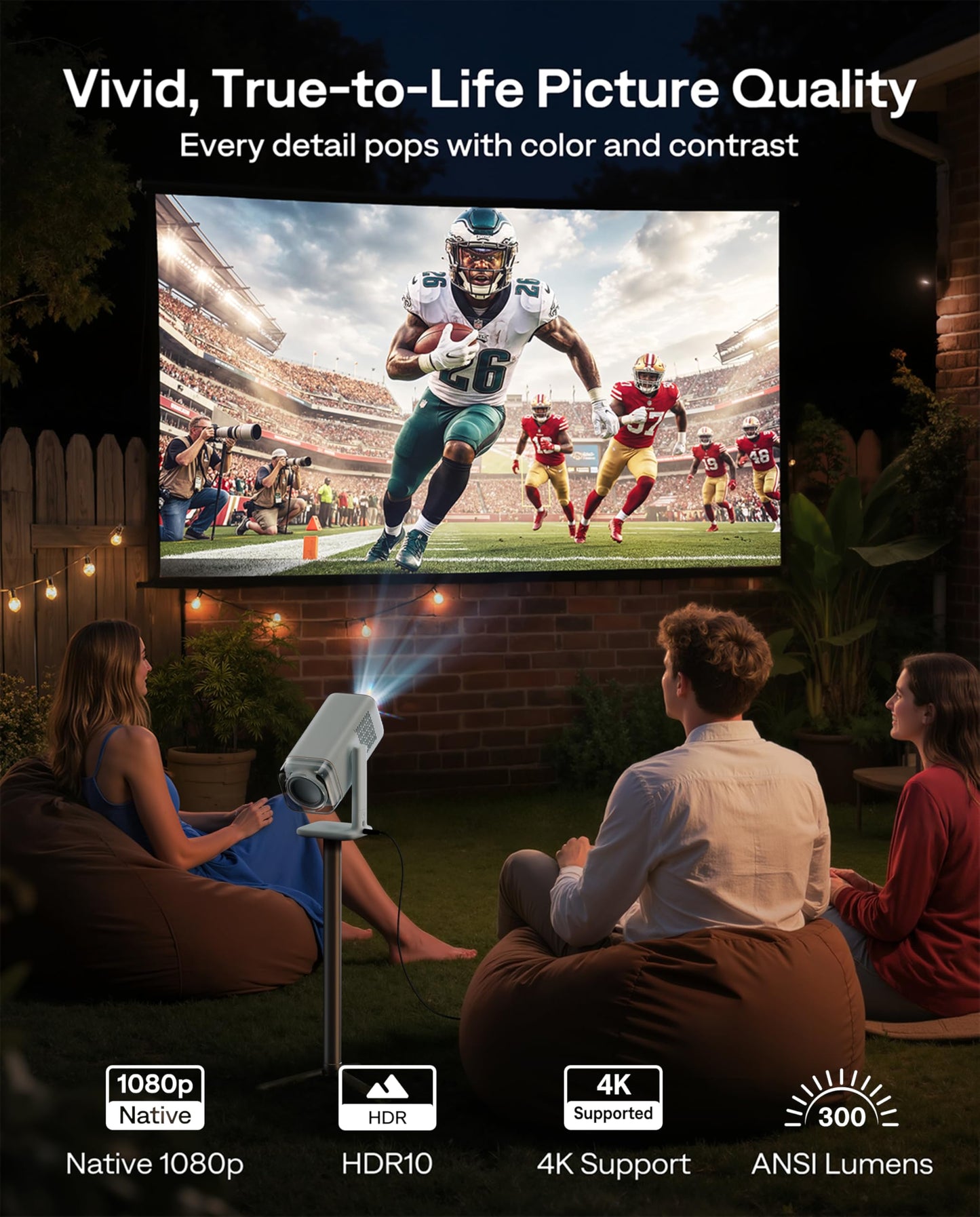 Aurzen BOOM Air Google TV Portable Projector with WiFi and Bluetooth, USB-C Powered, Smart Projector for Outdoor & Home Movie, 4K Supported, Real-Time Focus, Dolby Audio, Adjustable Stand, Off-White
