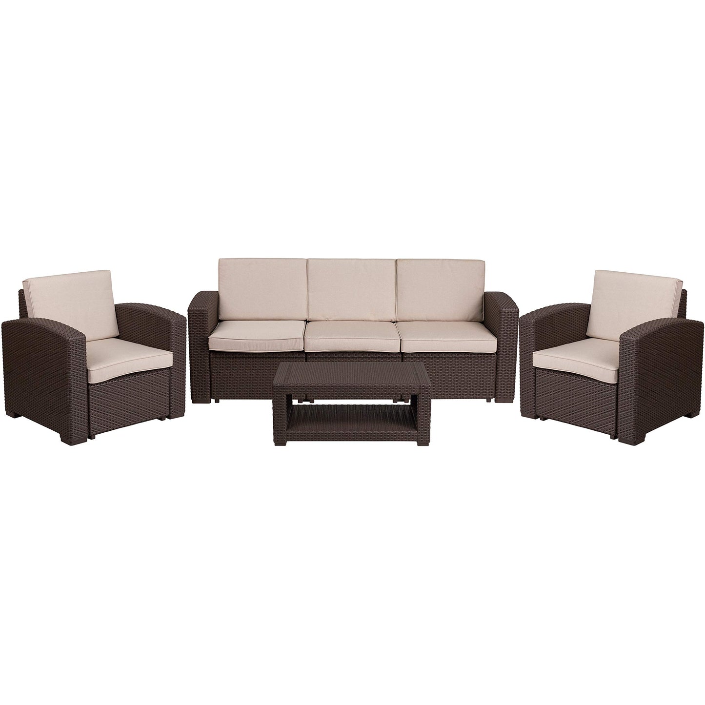Flash Furniture 4 Piece Outdoor Faux Rattan Chair, Sofa and Table Set in Chocolate Brown