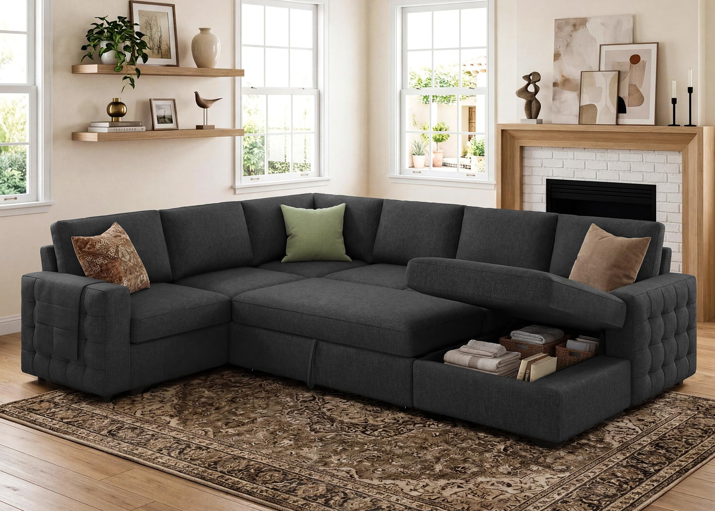 HONBAY Sectional Sleeper Sofa with Pull-Out Bed Storage Chaise, 6 Seater Couch for Living Room, Dark Grey