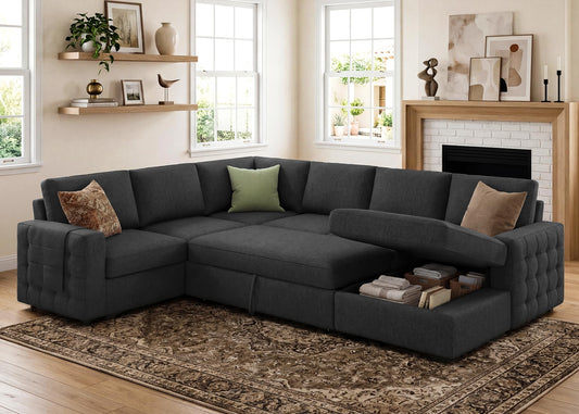 HONBAY Sectional Sleeper Sofa with Pull-Out Bed Storage Chaise, 6 Seater Couch for Living Room, Dark Grey