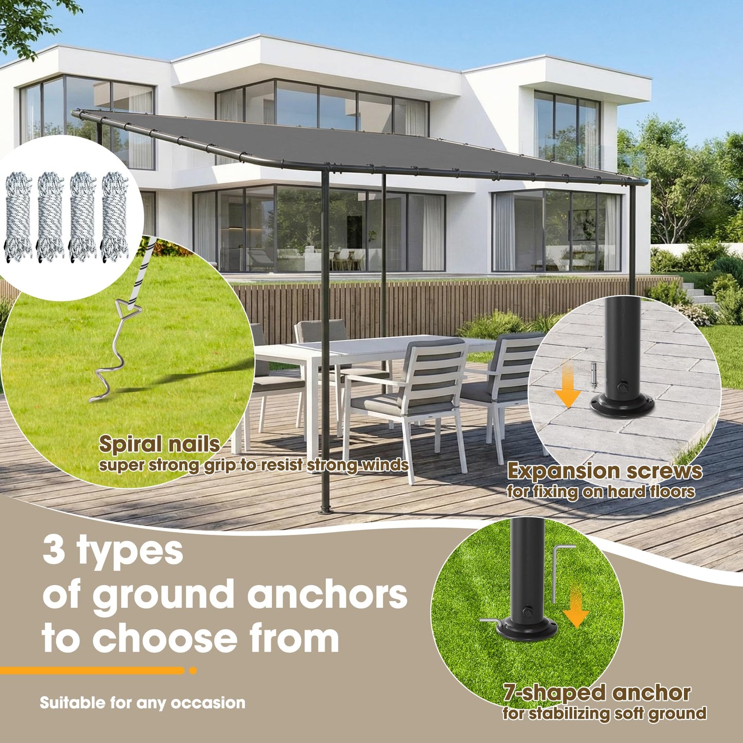 TOBYUL 12'x10' Lean to Gazebo Pergola with 3 Types Ground Nails and Weatherproof Canopy, Large Wall-Mounted Galvanized Steel Frame Shelter, Outdoor Sloped Roof Awning for Patio, Deck, Backyard (Gray)