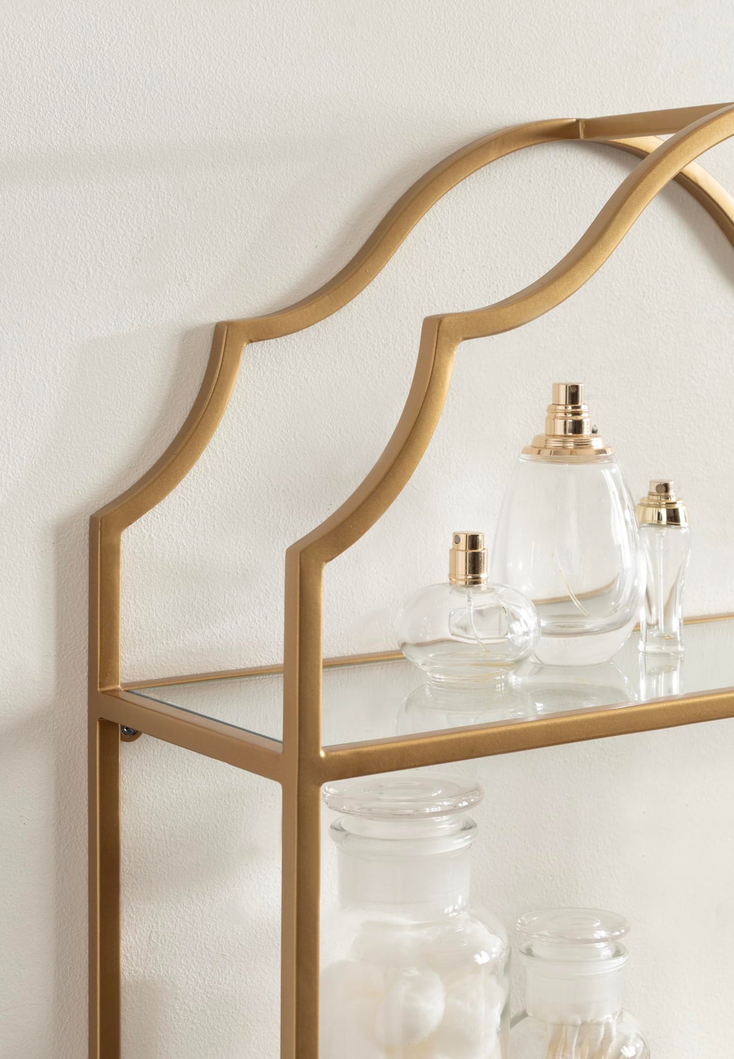 Kate and Laurel Leanna Scalloped Two-Tiered Wall Shelf, 18 x 6 x 24, Gold, Decorative Floating Shelf Storage and Wall Organizer for Bathroom Over Toilet Storage or Display