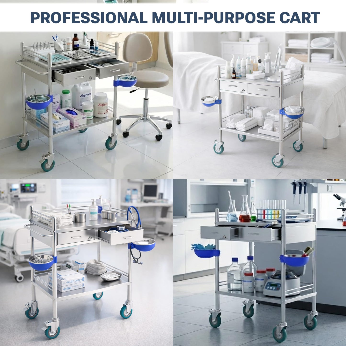 Avicenna Innovations *Improved & Upgraded* Medical Stainless Steel 2 Tier Rolling Cart with Wheels and Drawers | Dental Hospital Nursing Trolley | Easy-to-Disinfect Phlebotomy Mobile Workstation