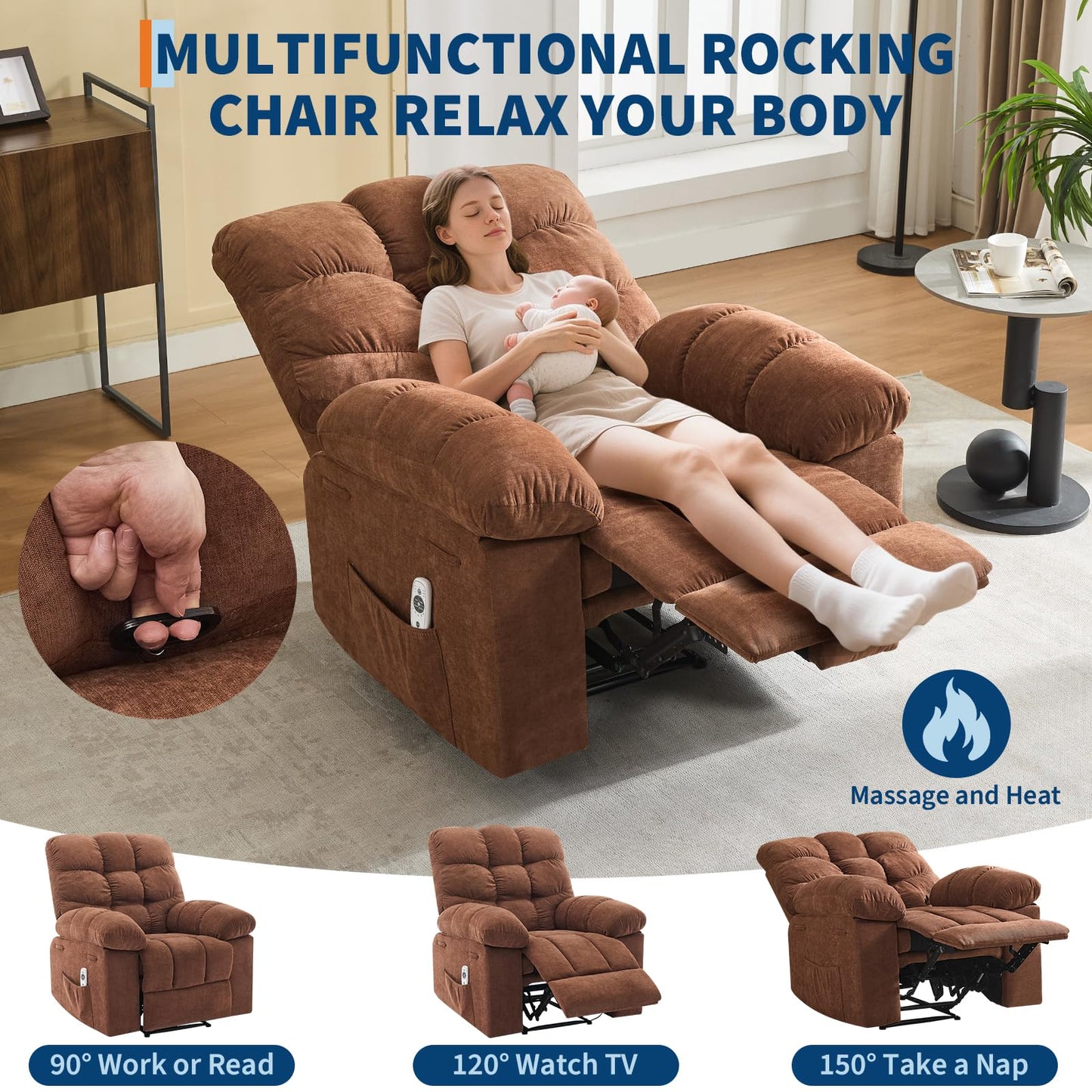 Garvee 21.4in Wide Recliner Chair,Massage & Heat Recliner Chair for Adults,Home Theater Seating with Lumbar Support,Ergonomic Breathable Fabric Nursery Rocking Chairs for Living Room
