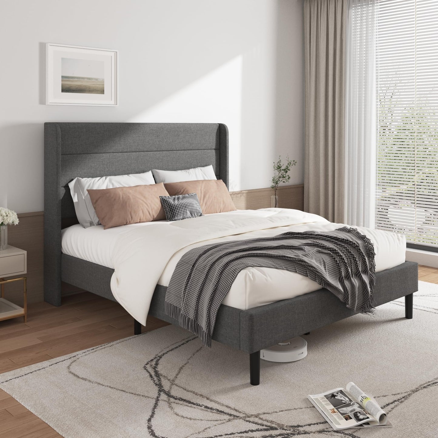 Mxhtcewz Full Size Upholstered Platform Bed Frame, Modern Linen Fabric Bed with Wingback Headboard, Sturdy No Wobble, Noise-Free & Easy Assembly, No Box Spring Needed, Gray