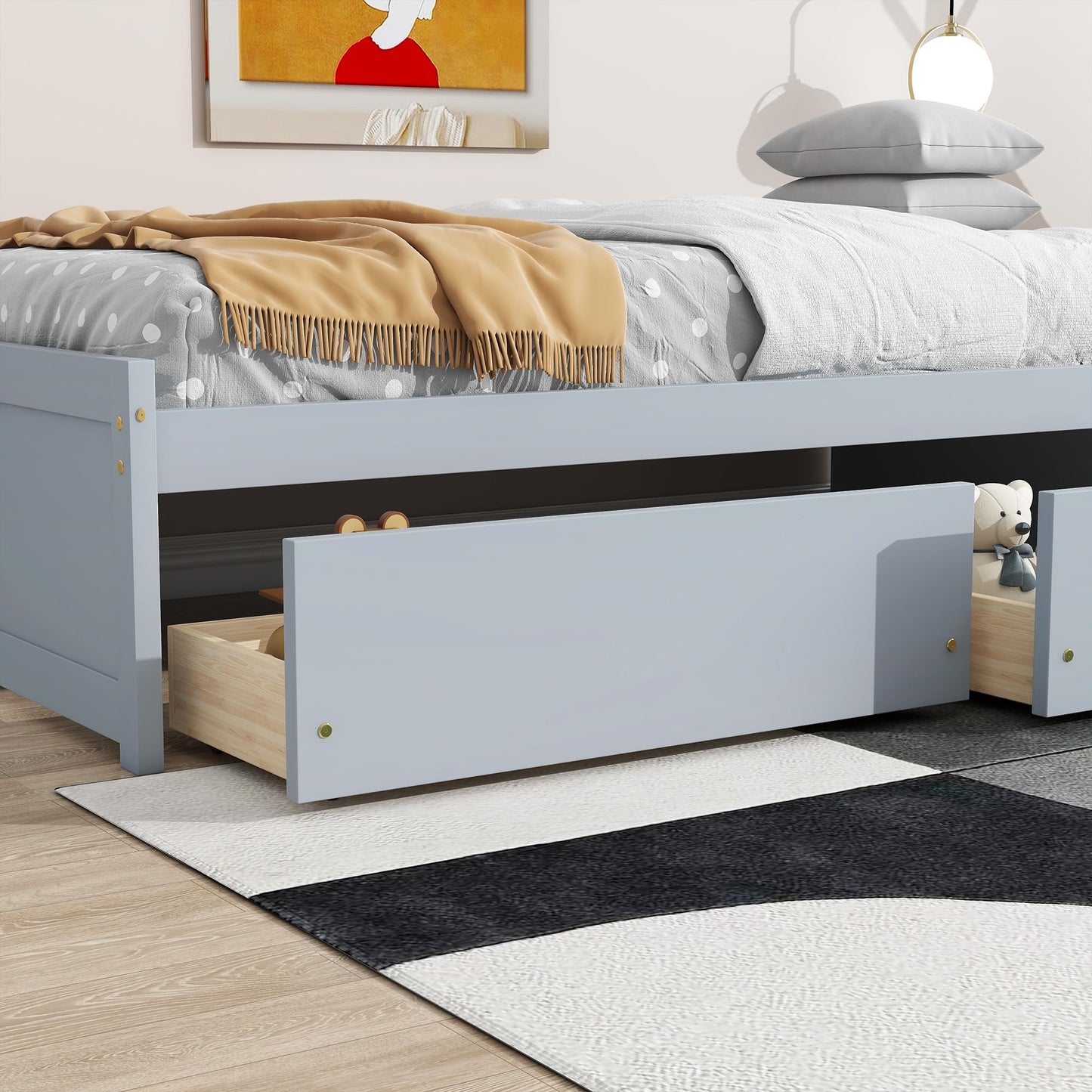 Twin Size Bed with Storage Drawers,Solid Rubber Wood Platform Bed Frame with 2 Pull-Out Drawers on Wheels,Wooden Beds for Kids Room Guest Room Bedroom,No Box Spring Needed,Easy Assembly,Grey