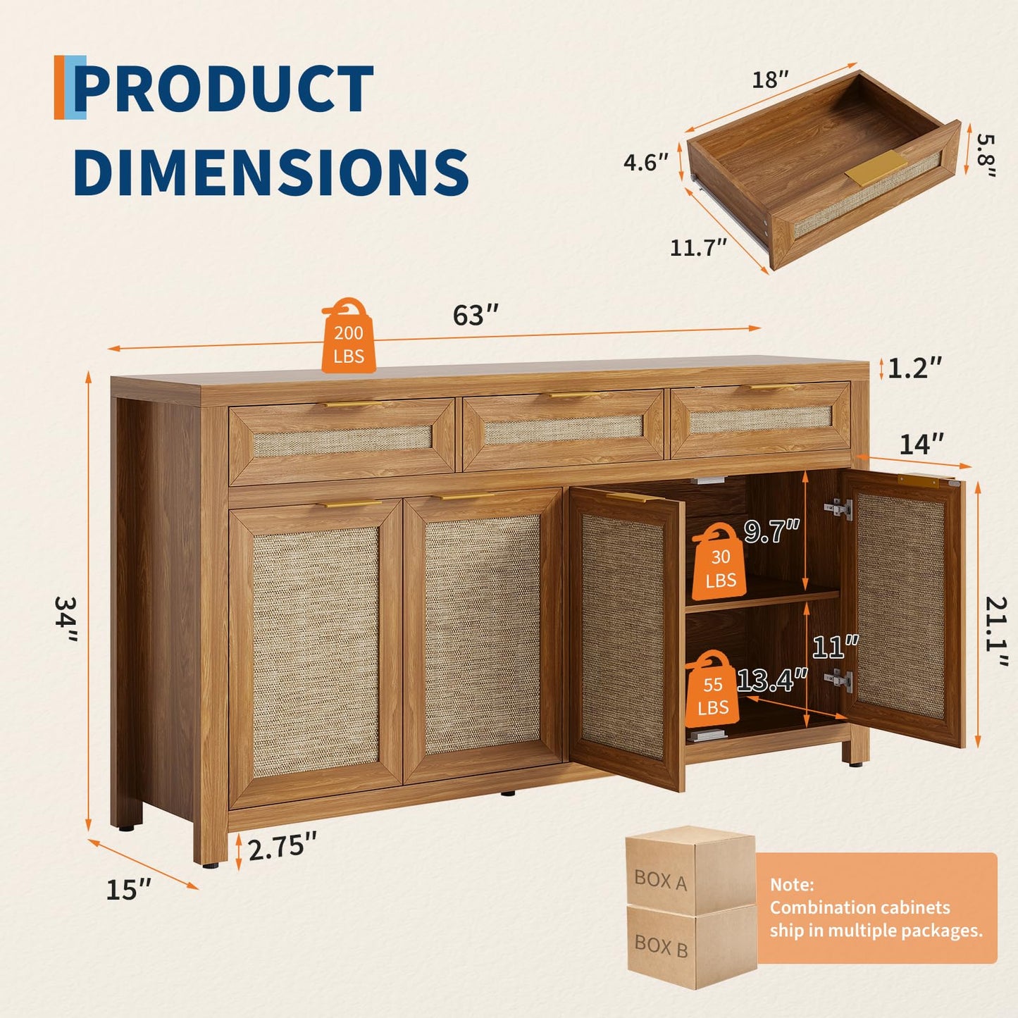IDEALHOUSE Kitchen Sideboard Buffet Cabinet with Storage, 63in Large Farmhouse Wood Coffee Bar Credenza Cabinet with 3 Drawers and 4 Doors Adjustable Shelves for Living Room, Deep Oak