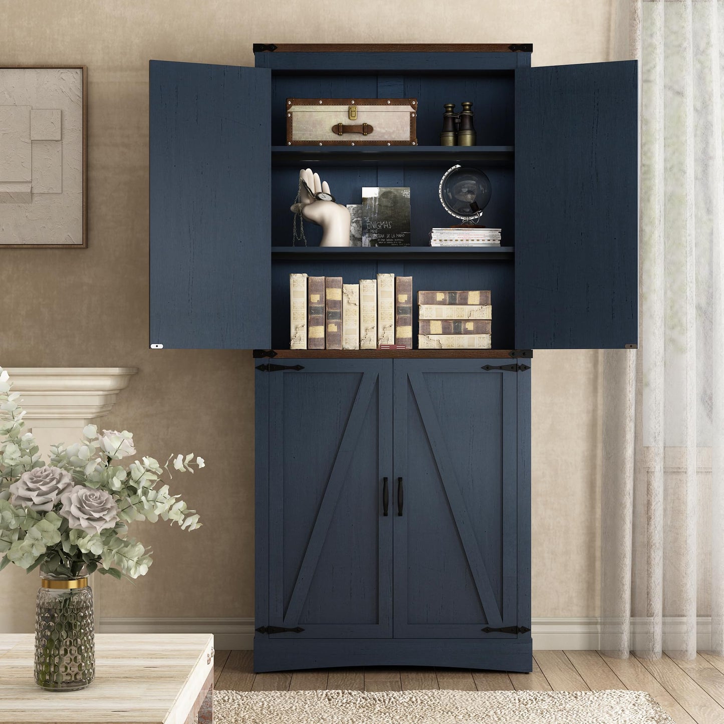Hlivelood 71" Tall Kitchen Pantry,Farmhouse Storage Cabinet with Adjustable Shelves,Load-Bearing Steel Pipe,Farmhouse Pantry Cabinet with 4 Barn Doors,for Kitchen,Dining Room,Living Room(Blue)