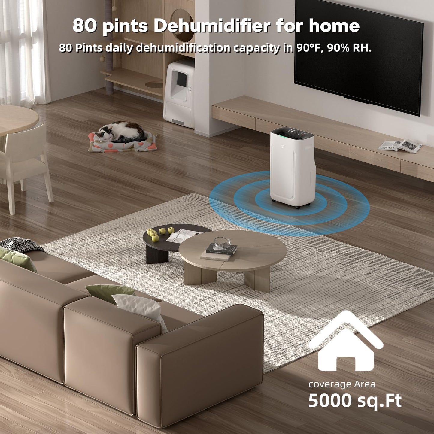 Ludatido 2025 Upgraded Dehumidifier, 80 Pint/Day, 5000 Sq.Ft for Whole Home & Basement, 1.72 Gal Tank, 42dB Quiet, Child Lock, Sleep/Fan/Dry Modes, 24H Timer & Auto Continuous Drain