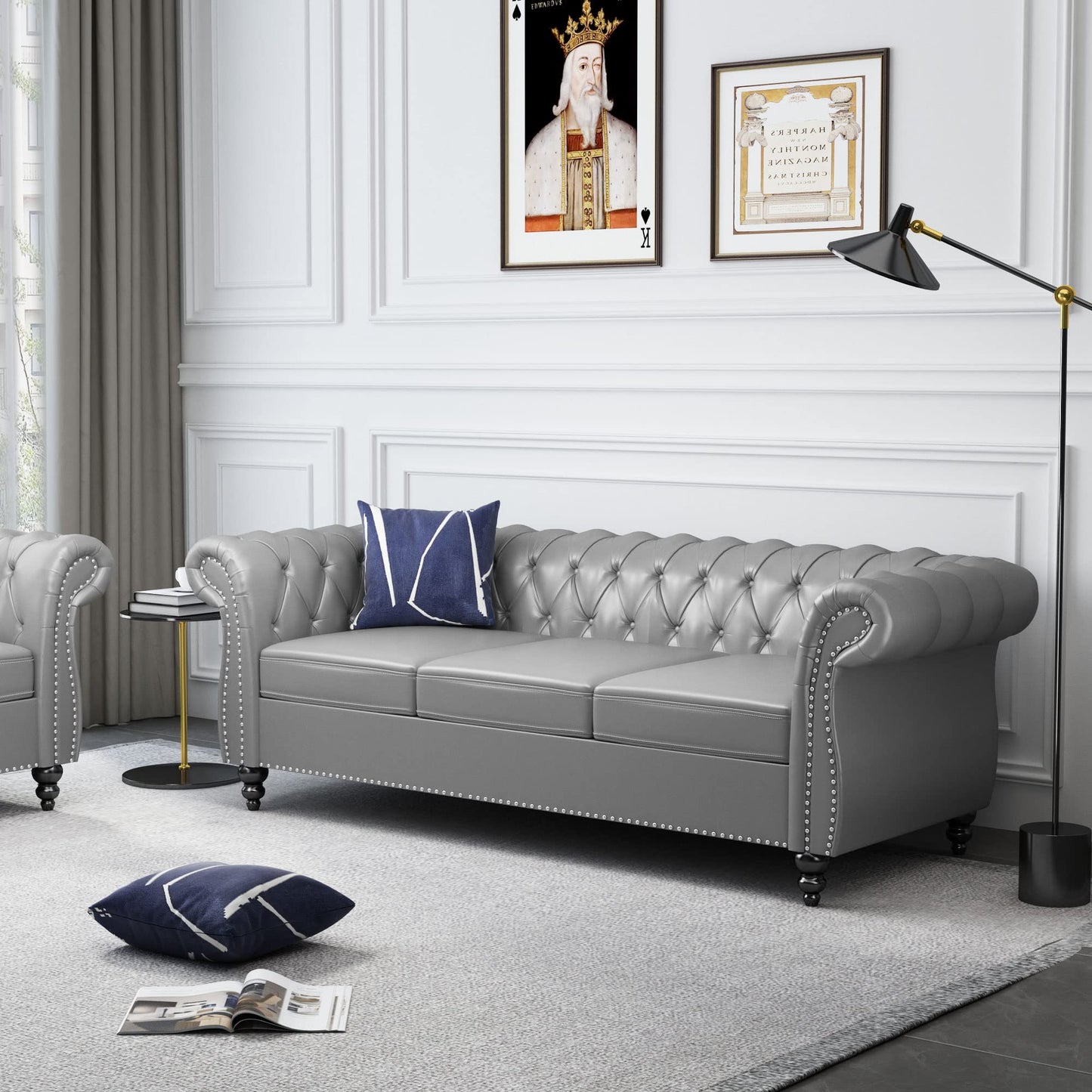 ORRD Chesterfield Sofa Leather, Modern PU Tufted Couch 3 Seater with Rolled Arms and Nailhead for Living Room, Bedroom, Office, Apartment (Grey)