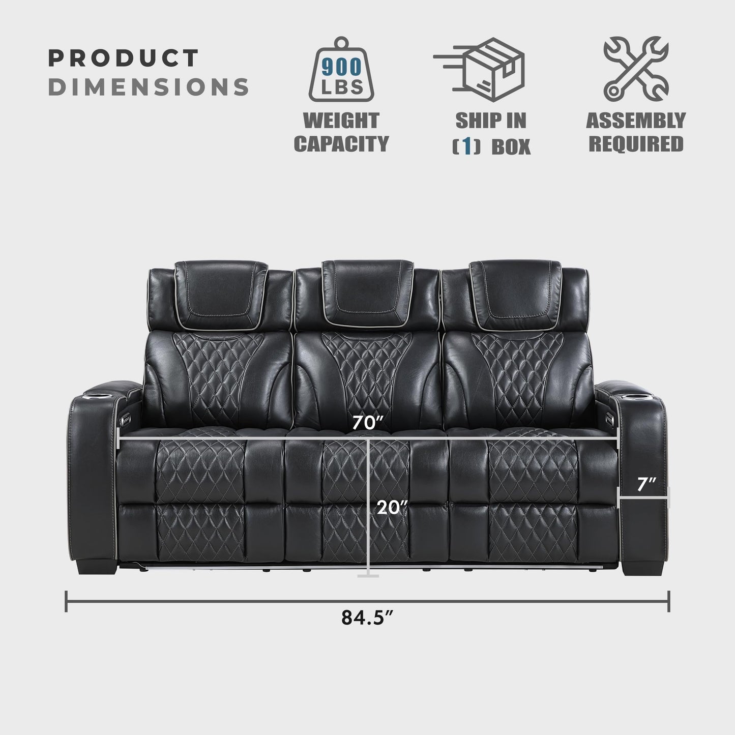 Lexicon Power Double Reclining Sofa, Center Drop-Down Table with Heat/Massage/Headrest/Storage Arms/Cup Holders/LED Lights/Wireless Charging, Top Grain Leather Match Wall Hugger Recliner Sofa, Black