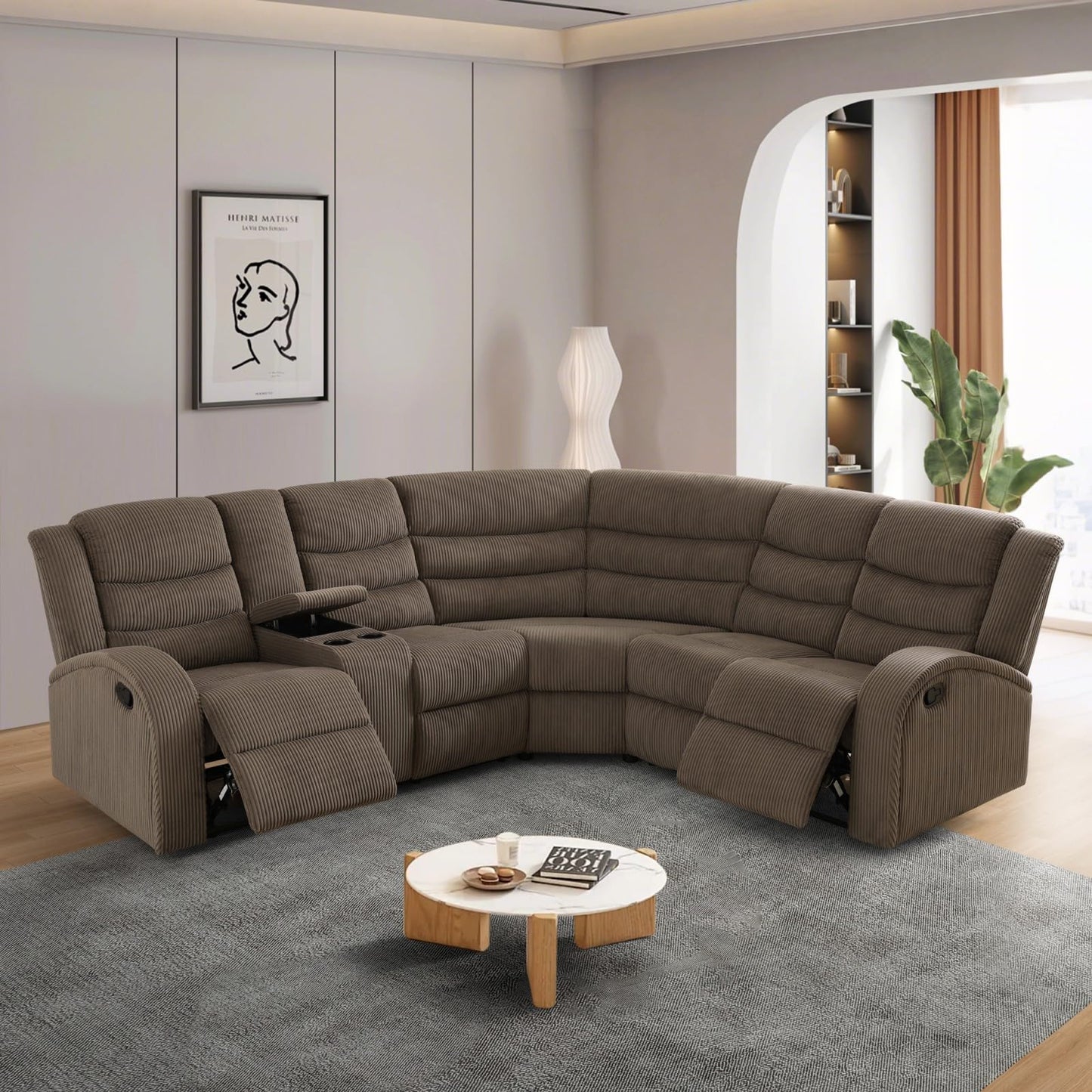UOCFYK Recliner Sectional Sofa Set, L-Shaped Reclining Couch with 2 Recliner Seats, Reclining Corner Couches with Cup Holder and Storage Console for Home Theater & Living Room, Brown