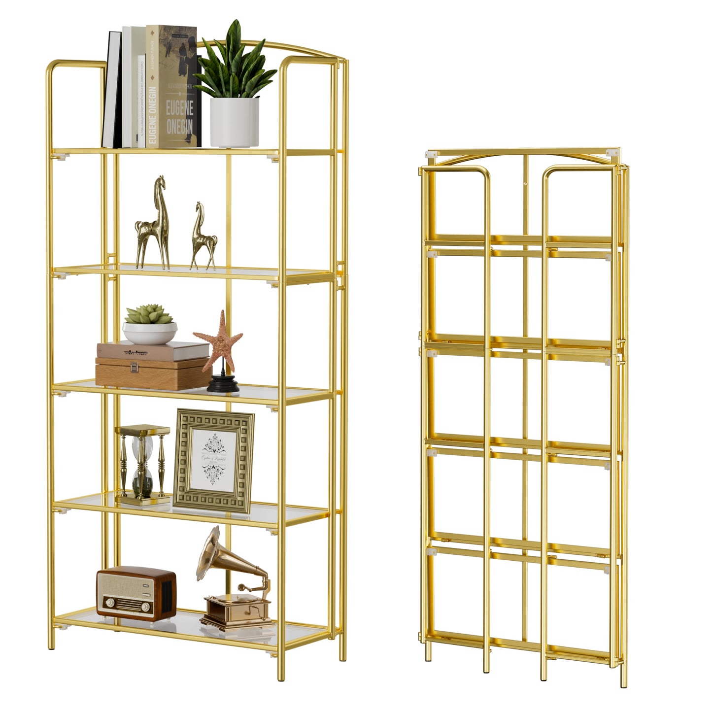 Crofy 5-Tier Wider Foldable Bookshelf, Gold Frame & Transparent Shelves