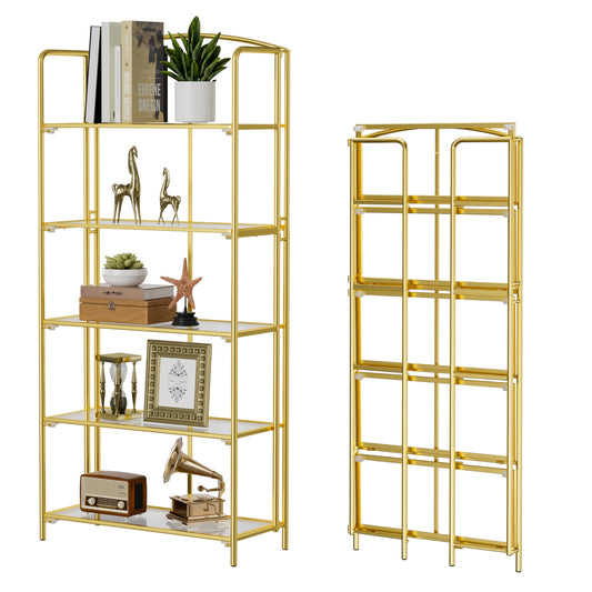 Crofy 5-Tier Wider Foldable Bookshelf, Gold Frame & Transparent Shelves