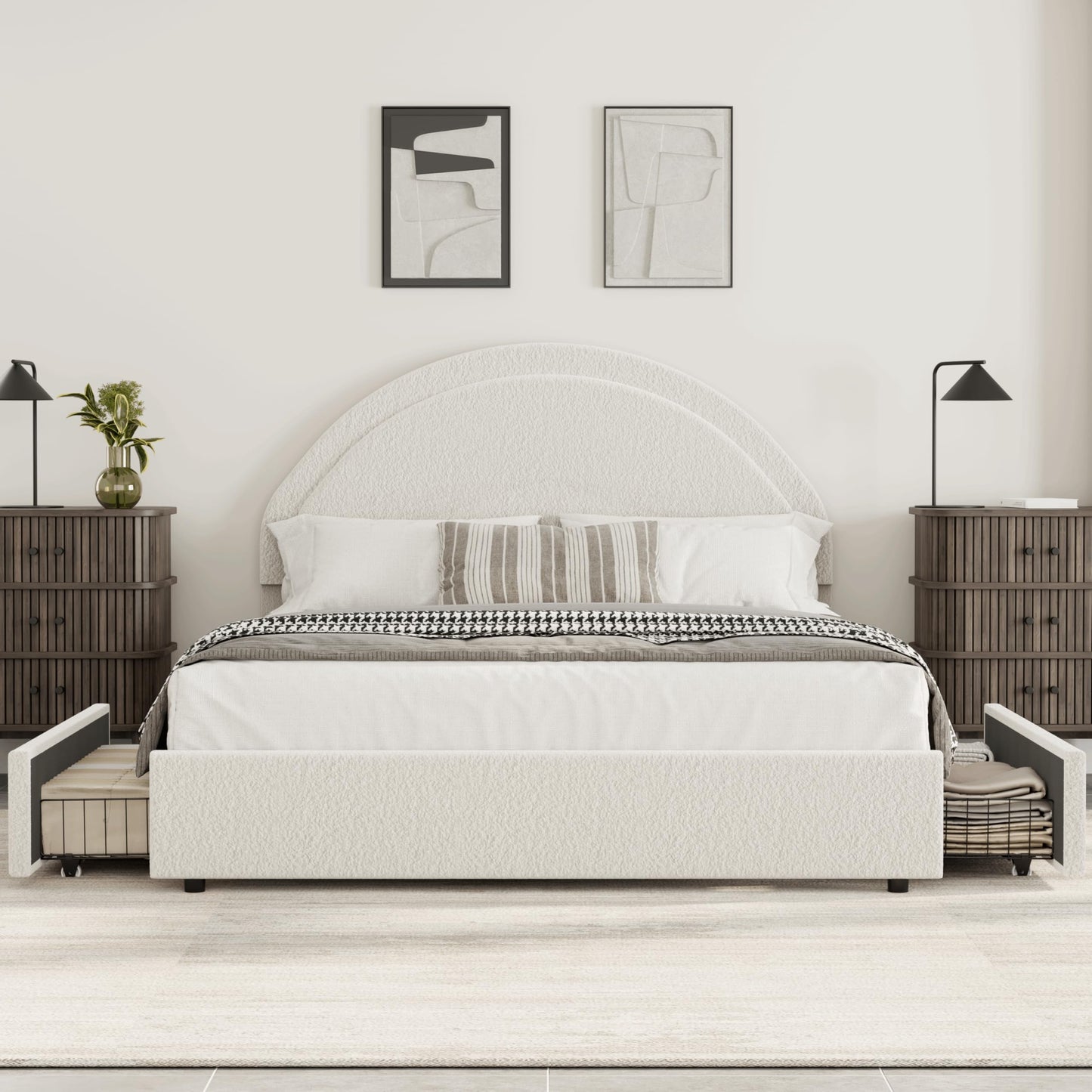 PeacefulHues Full Size Bed Frame with Storage Drawers, Upholstered Boucle Platform Bed with Round Headboard, No Box Spring Need, Sturdy Metal Slats Support, Easy Assembly, White