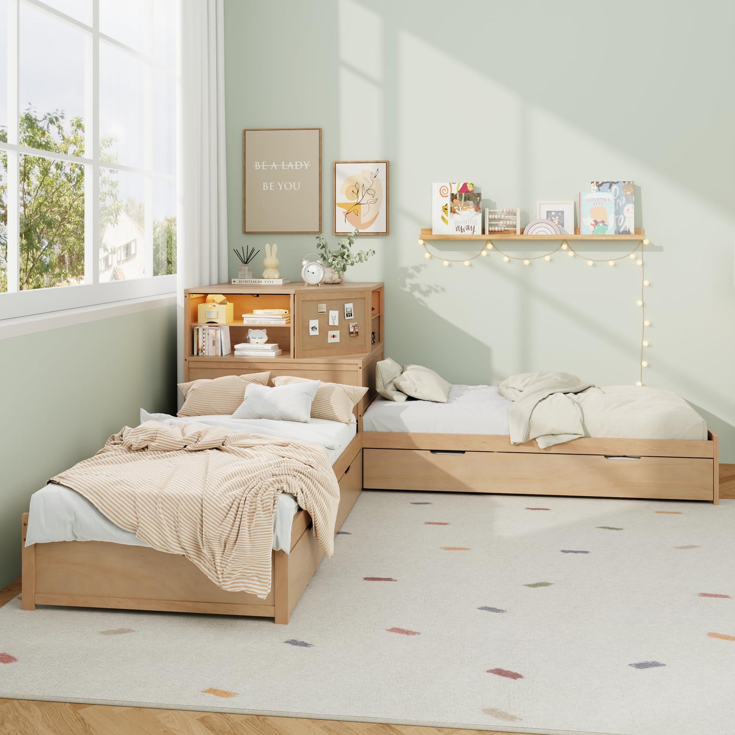 Merax L-Shaped Combination Twin Corner Platform Bed Frame with Trundle,Drawer,Built-in Desk and Led Downlight,3-in-1 Design for Bedroom