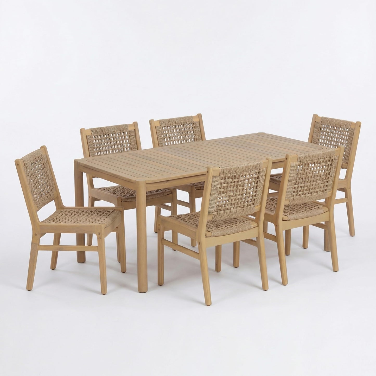 Christopher Knight Home Levi Acacia Wood Dining Table Set for 6, Solid Wood Outdoor Dining Set for 6, 7 Piece Patio Dining Table and Chair Set with Wicker Seat & Back, Light Brown + Light Teak