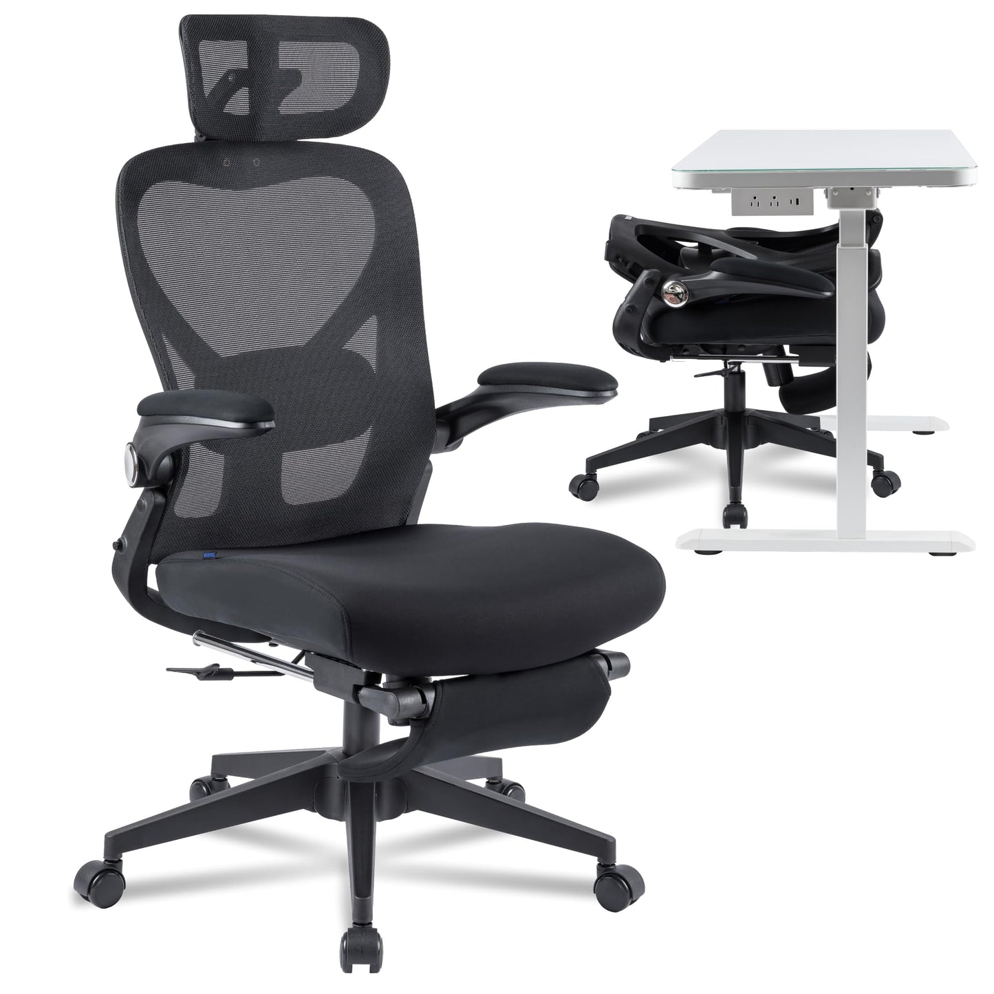 FLEXISPOT Foldex Ergonomic Office Chair, Folding Chair for Small Spaces with Lumbar Support, Flip-up Armrests, 3D Headrest, Desk Chairs with Footrest for Work,Video Game,Gift (Foam Seat, Black)