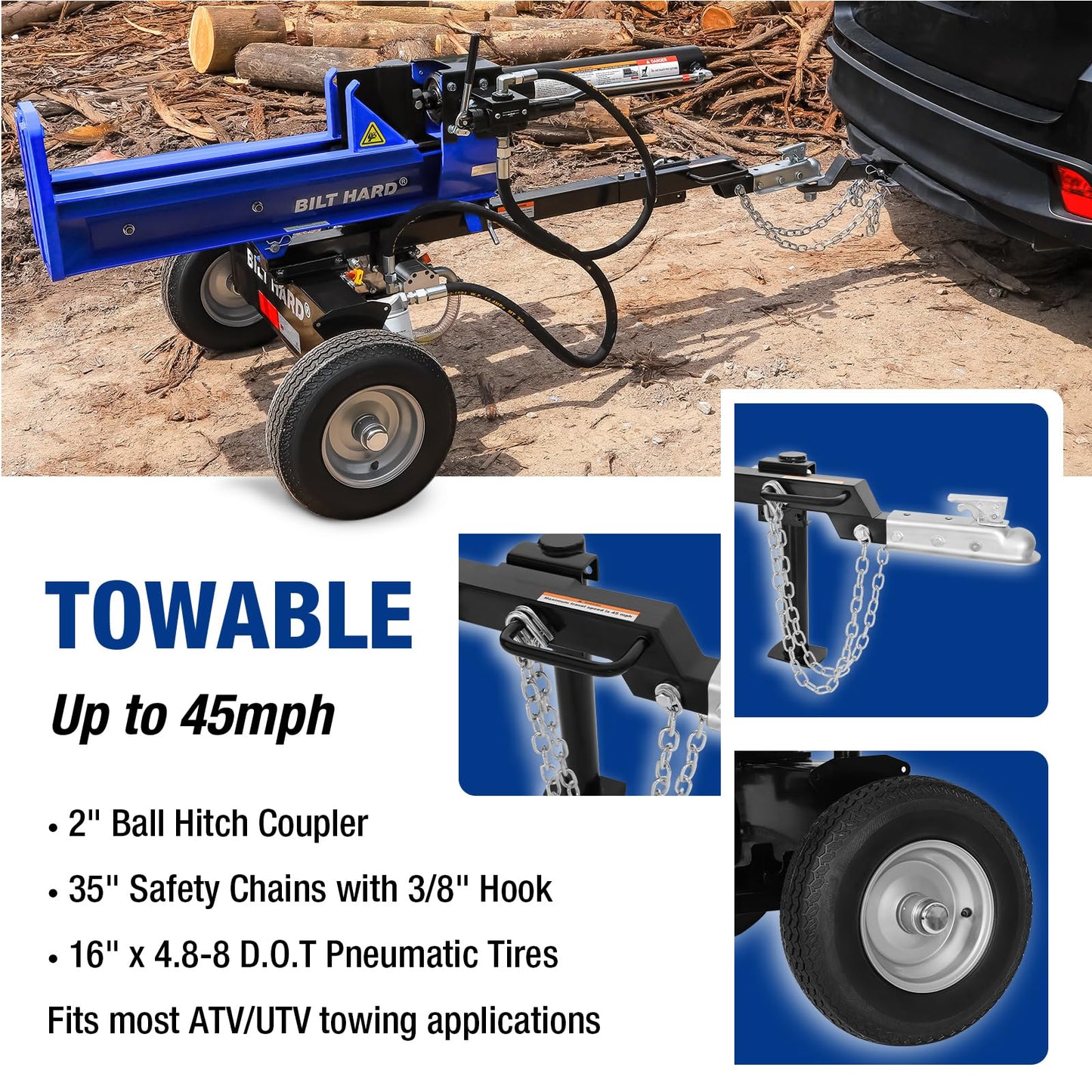 BILT HARD 27-Ton Towable Gas Powered Log Splitter, Horizontal & Vertical Wood Splitter Gas Powered with 209cc OHV Engine & 2-Stage Pump, 16" DOT Tires & 2" Ball Coupler Firewood Splitting Machine