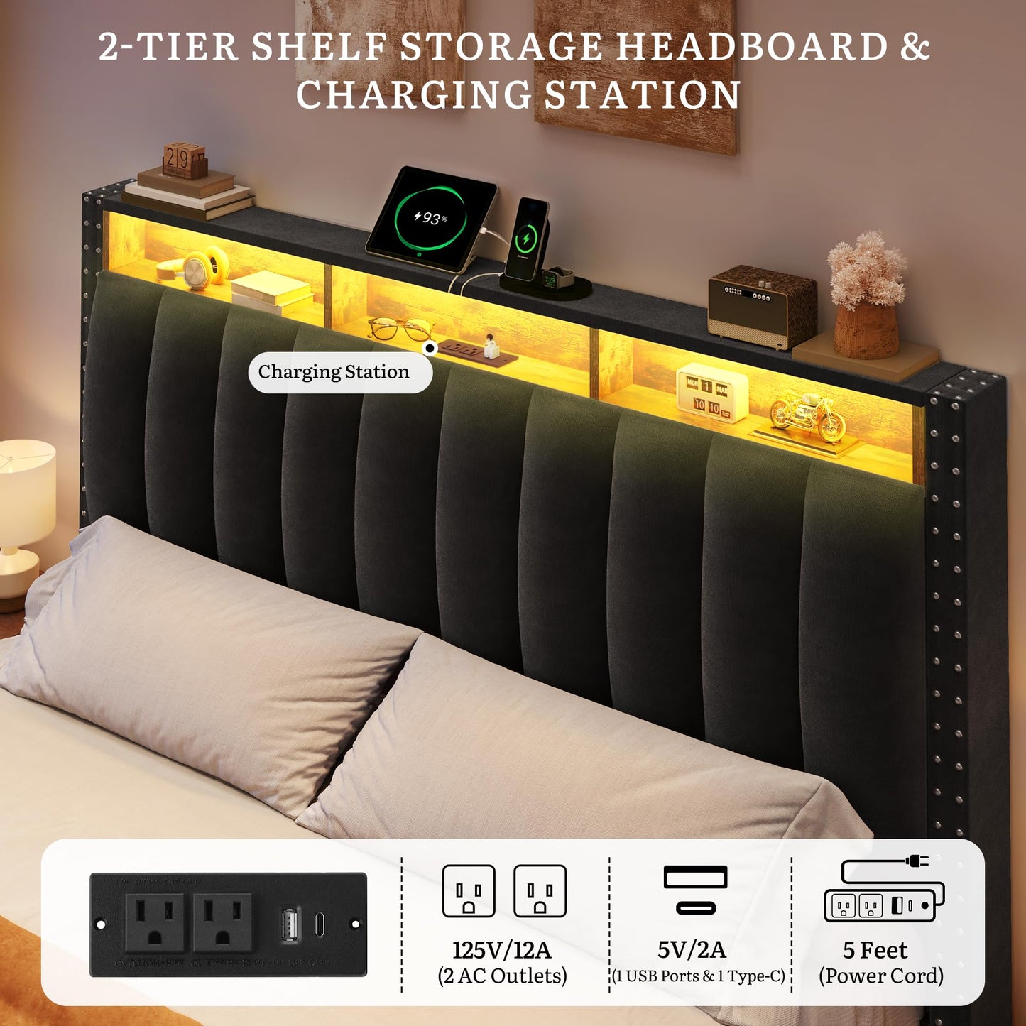 DWVO Queen Size Bed Frame with 4 Storage Drawers and RGB LED Lights, Velvet Upholstered Platform Bed with Charging Station and Bookcase Storage Headboard, No Box Spring Needed, Easy Assembly, Black