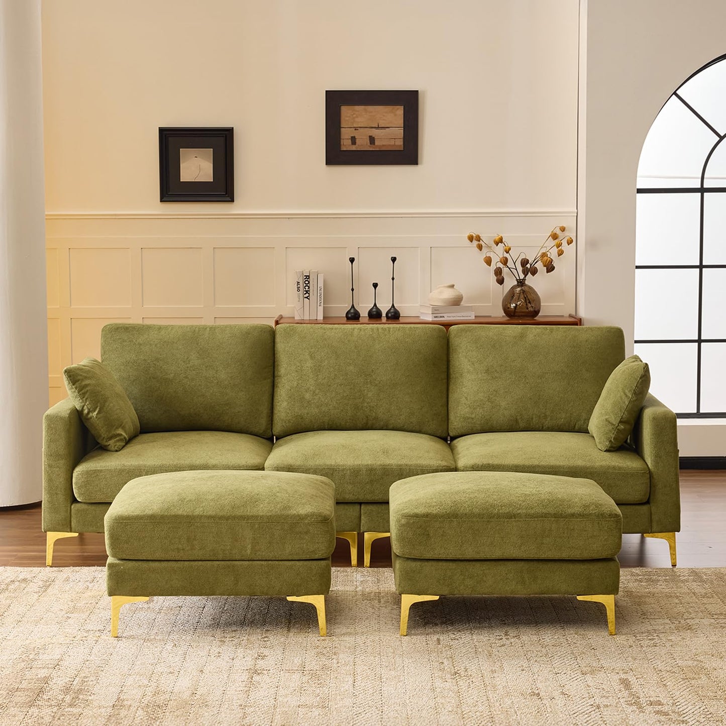 VINGLI 100" W U Shaped Couch with Ottoman, 22" Deep Seat Comfortable Sectional Couches for Living Room, 3 Seater Chenille Fabric Cloud Sofa for Apartment, Small Spaces, Bedroom, Green