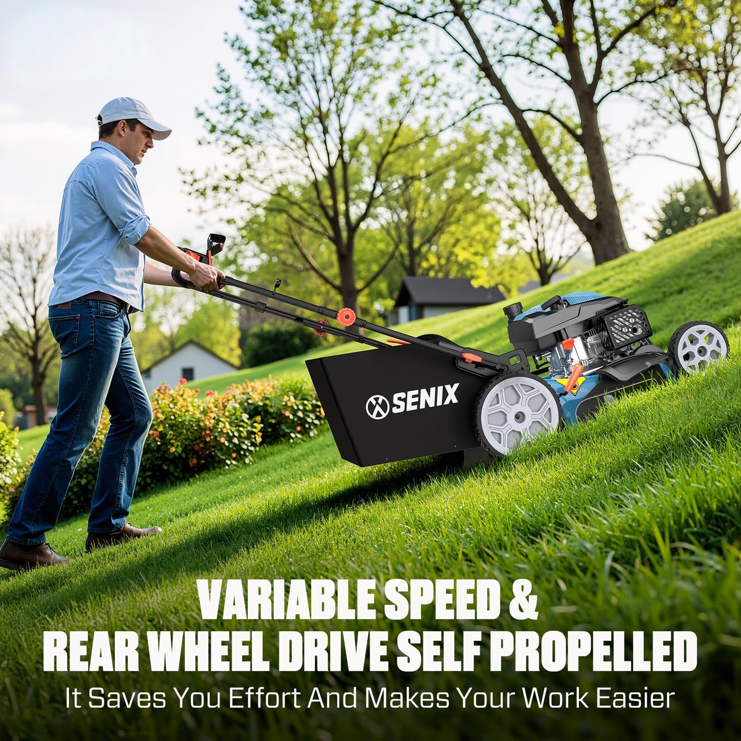 SENIX 22 Inch Gas Lawn Mower, 201cc 4-Cycle OHV Engine, Variable Speed Rear Wheel Self-Propelled Mower, 3-in-1 Mower with Bagging, Mulching & Side Discharge, 6-Positions Adjustable Cutting Height