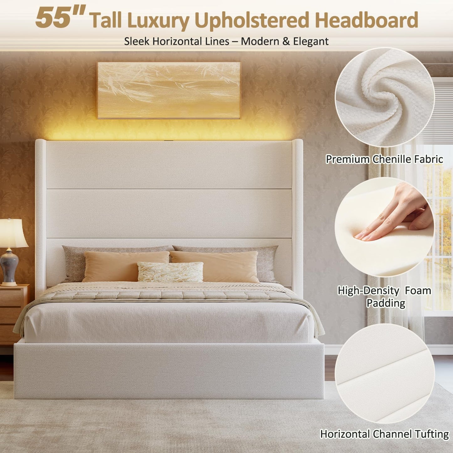 Glirun Queen Size Bed Frame, 55" Tall Headboard with Wingback, Chenille Fabric Upholstered Platform Bed, Large Storage Drawer, Charging Station, LED Lights, Noise-Free, No Box Spring Needed, White