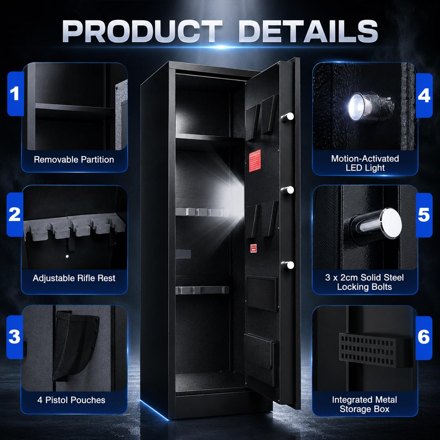 Marcree 8-10 Gun Safe for Rifles & Pistols, Quick Access Rifle Safe with Dual Alarm, Mute Mode, Adjustable Shelves & Pistol Pockets, Gun Cabinet for Shotguns