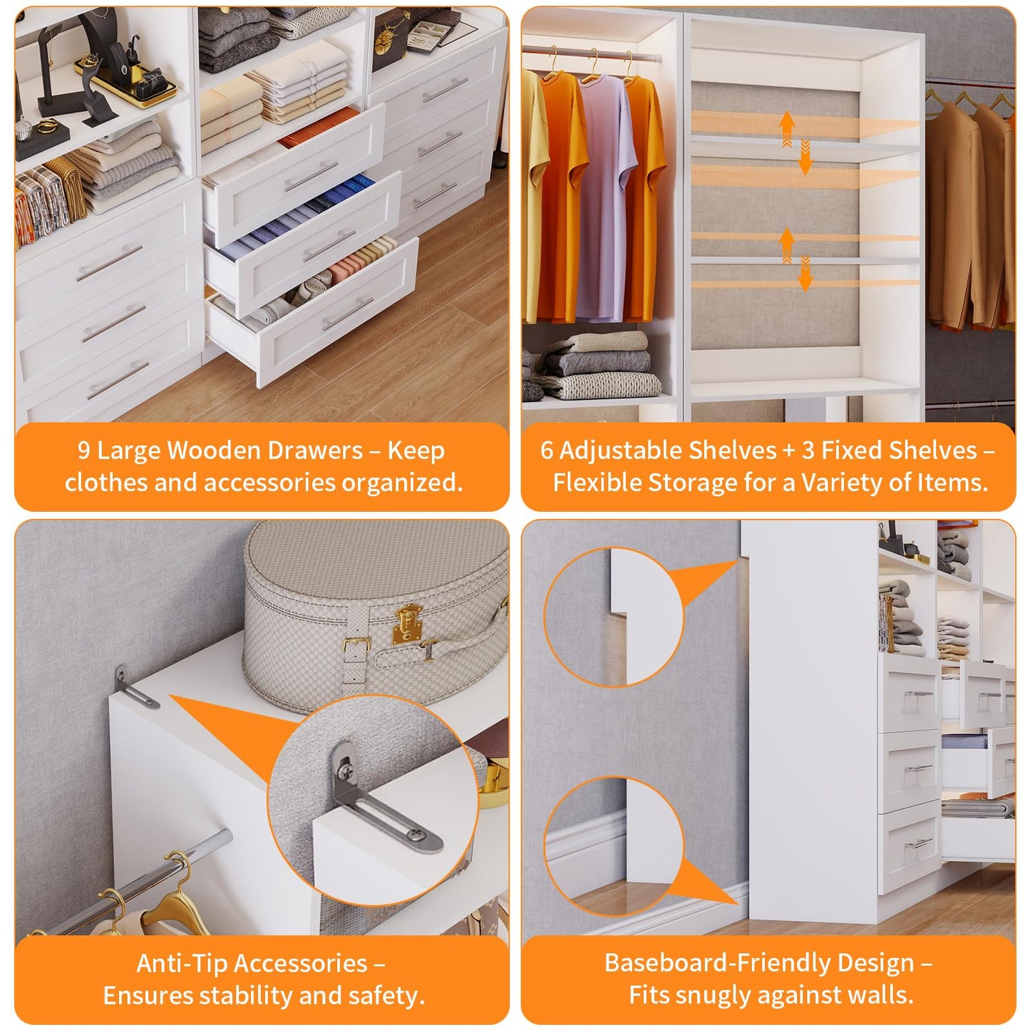 Closet System with 3 Sets, 6–15 FT Closet System with 9 Drawers, 9 Shelves & 4 Adjustable Hanging Rods, Max 189.3" Closet Organizer Systems for Walk-in Closets, Modular Custom Closet Tower, White