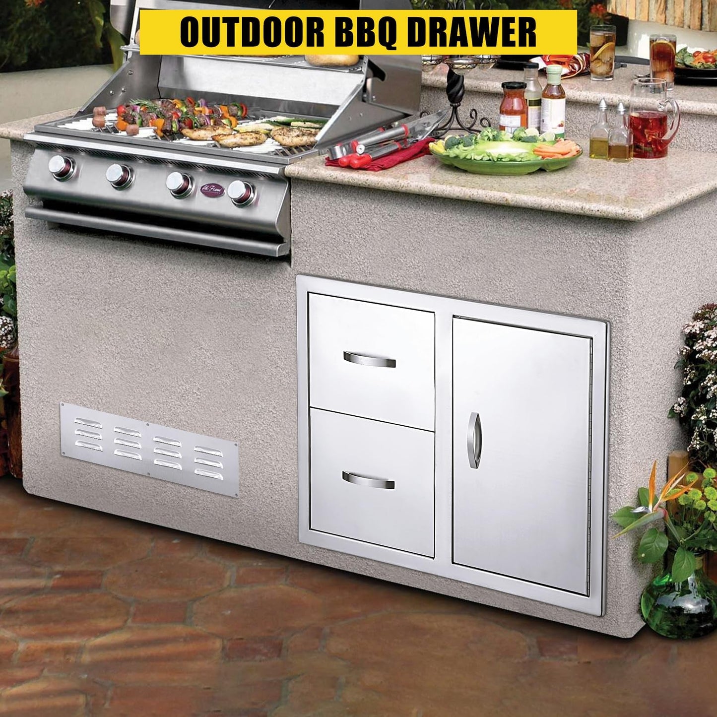  Outdoor Kitchen Drawer 33''W x 22''H x 22''D, BBQ Access Door Drawers Combo with Paper Towel Rack, Stainless Steel Outdoor Kitchen Cabinets for BBQ Island Grill Station Storage Cabinet