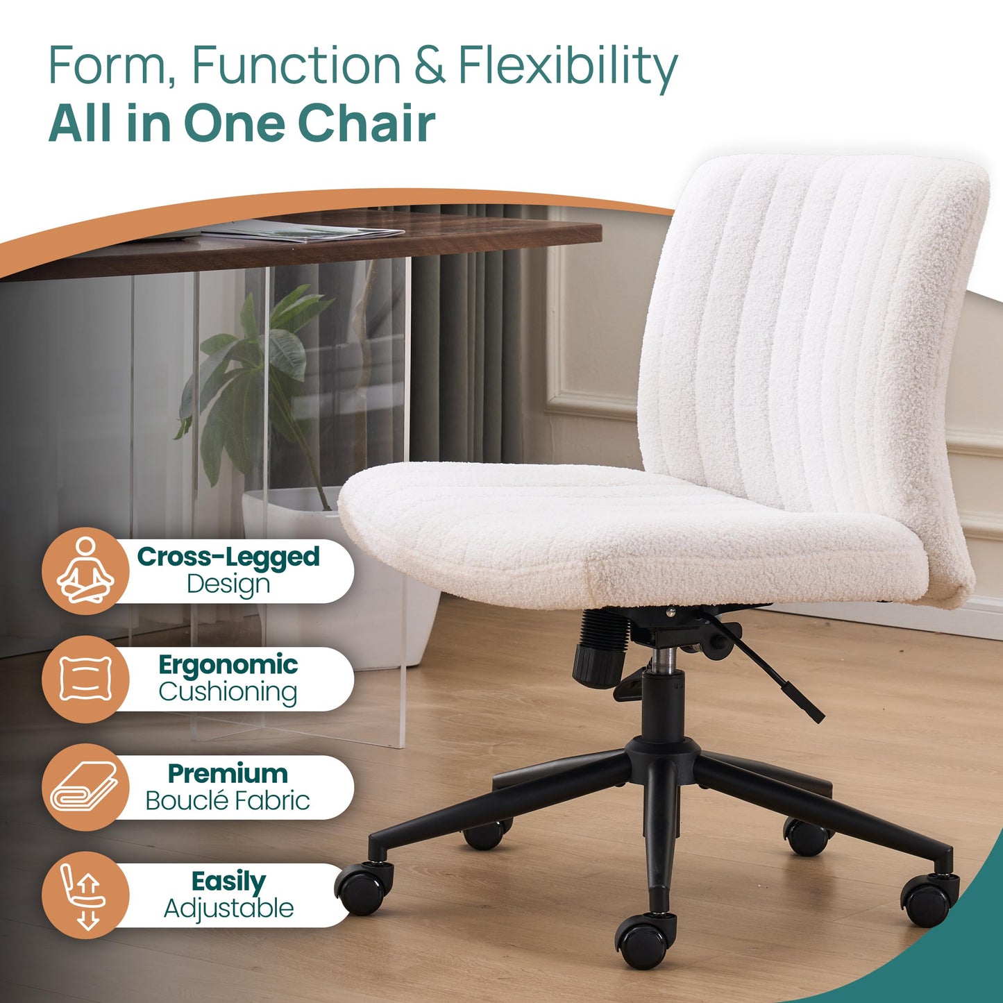 NYPOT Armless Desk Chair with Wheels for Criss Cross Sitting - Cross Legged Wide Armless Chair - Adjustable Vanity 360° Swivel Stool and 120° Rocking Wide Seat Comfy for Home and Office, White Sherpa