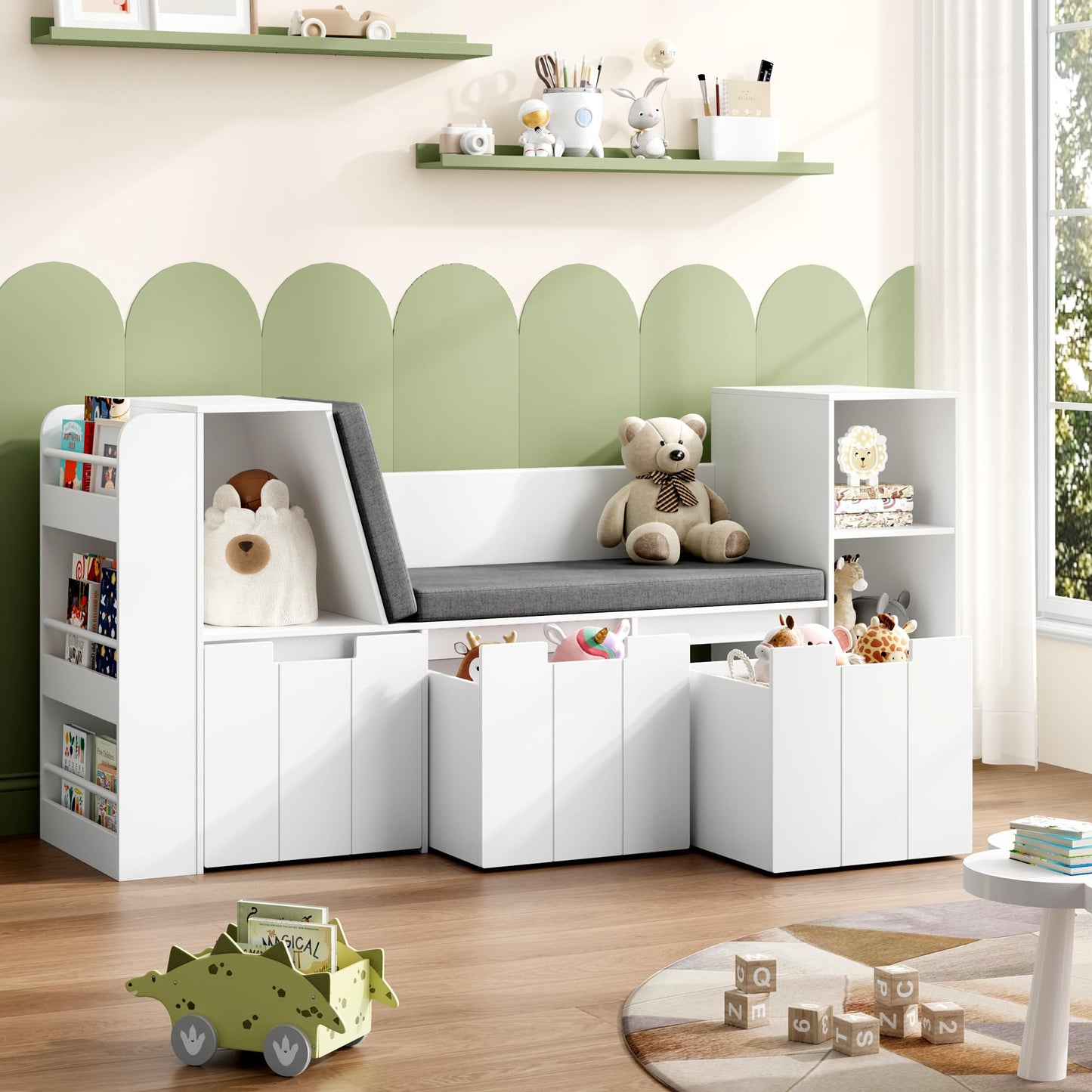 BOTLOG 61.5" Kids Reading Nook with 3-Layer Bookshelf, Reading Nook for Kids with Double Bench and Rolling Drawers, Bookshelf and Toy Storage for Nursery, Playroom (White)