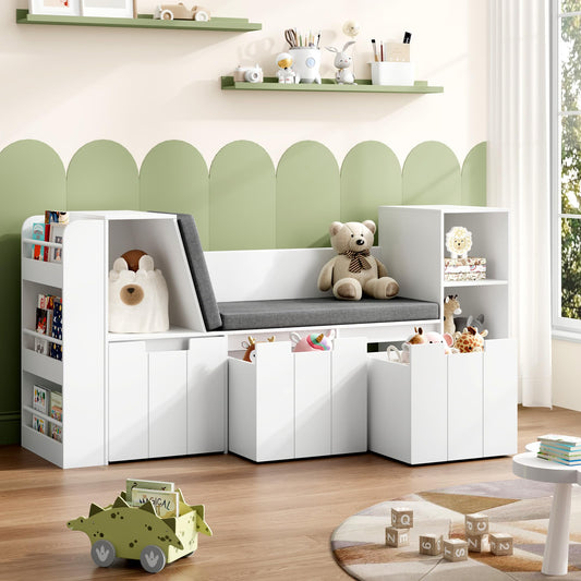 BOTLOG 61.5" Kids Reading Nook with 3-Layer Bookshelf, Reading Nook for Kids with Double Bench and Rolling Drawers, Bookshelf and Toy Storage for Nursery, Playroom (White)