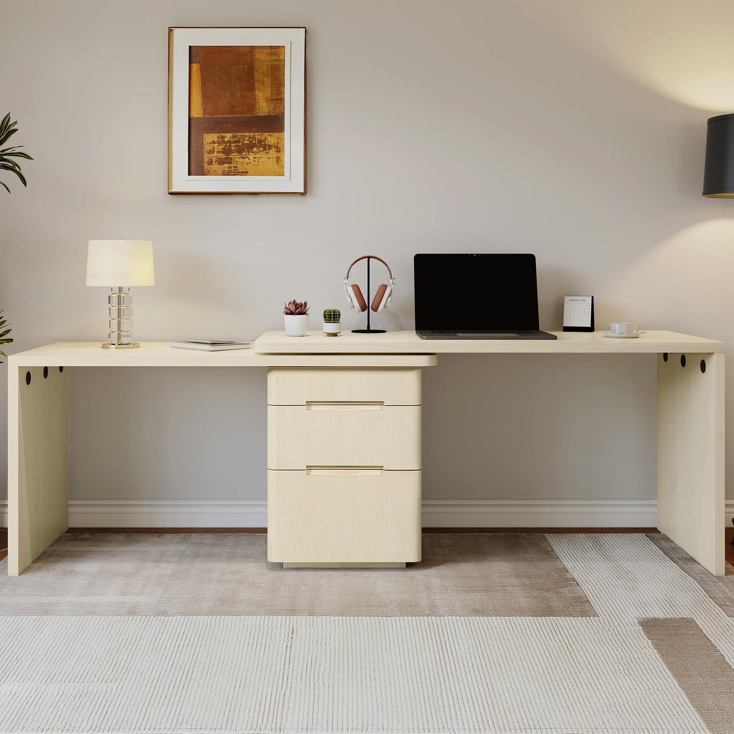 Merax 360° Rotating L-Shaped Desk with 3 Drawers | 90" Modern Corner Computer Desk for Home Office, Living Room, Executive Writing Study Work, Natural Wood