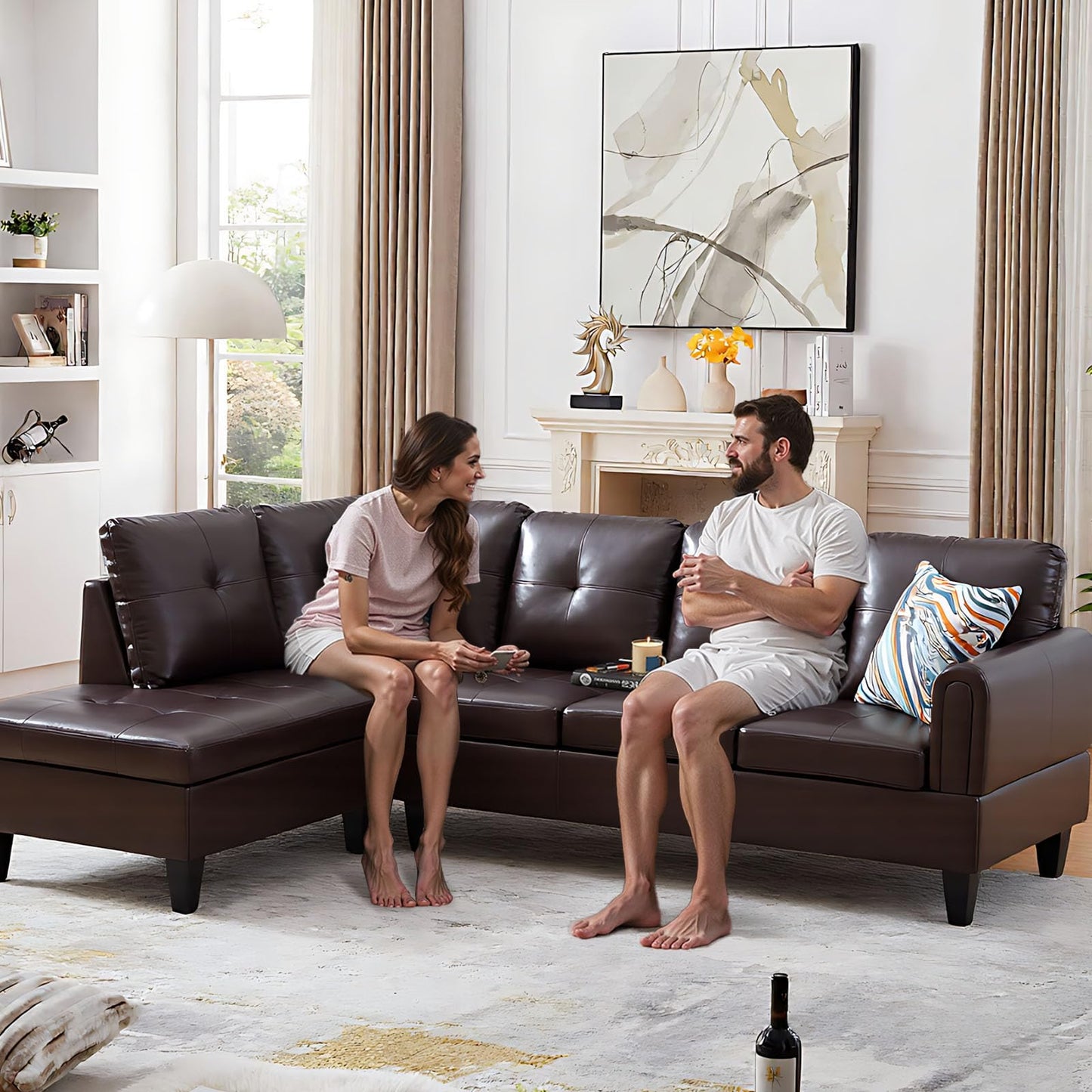 Trygoal L Shape Sectional Couch with Chaise, 97 Inch Modular Sofa with Ergonomic Reclined Backrest, Sectional Couches for Living Room, High-Density Foam, for Office and Small Apartment, Leather Brown