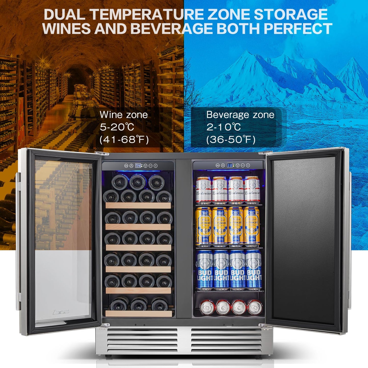 BODEGA 30 Inch Wine and Beverage Refrigerator Free Standing. Dual Zone Stainless Steel Wine Fridge under Counter, Drink Cooler for Beer, Soda, Champagne, Holds 110 Cans and 31 Bottles, Silver