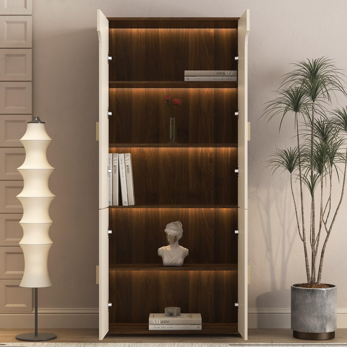 KEIKI 68.1" H Display Storage Cabinet with Doors & 256 Colors LED Lights, Wooden 5-Tier Curio China Collectibles Book Case Shelves Bookcase for Living Room, Home Office, Bedroom
