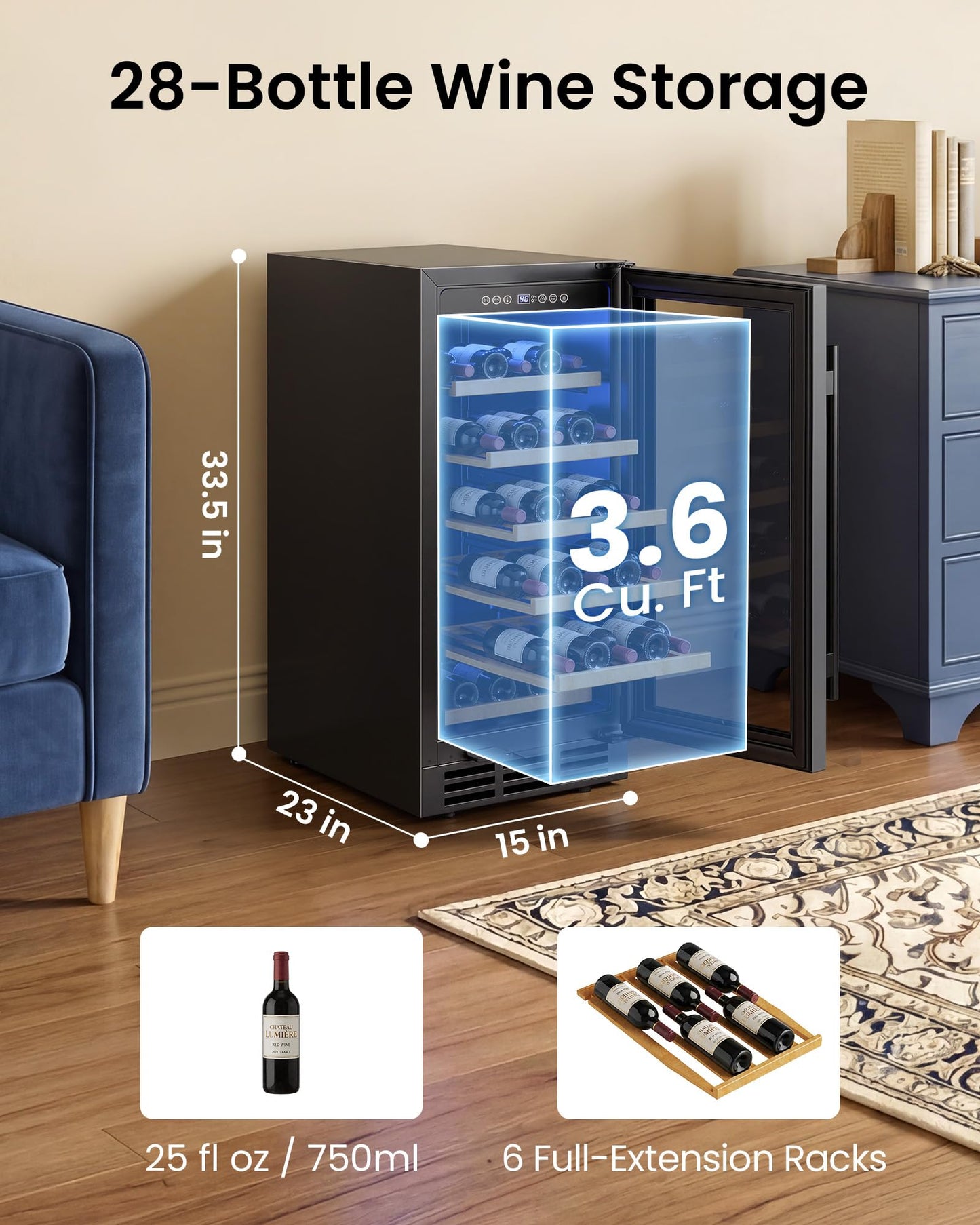 ICEVIVAL 15 Inch Wine Cooler Refrigerator, 28 Bottle Freestanding Wine Fridge with Compressor Cooling, Digital Temperature Control, UV Protected, Quiet Wine Cellar for Red White Champagne, Black