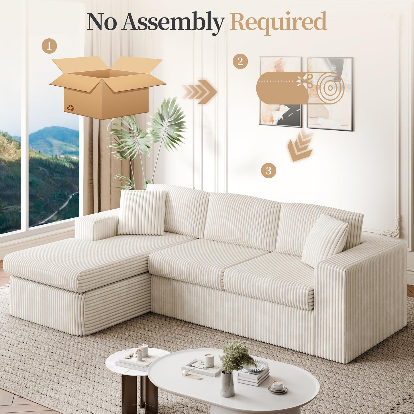 Vongrasig 105" Boneless Couches for Living Room, Sectional Couches Modular Sofa with L-Shaped Chaise, Memory Foam Comfy Cloud Couch with Plush Corduroy Fabric, No Assembly Required, (Beige)