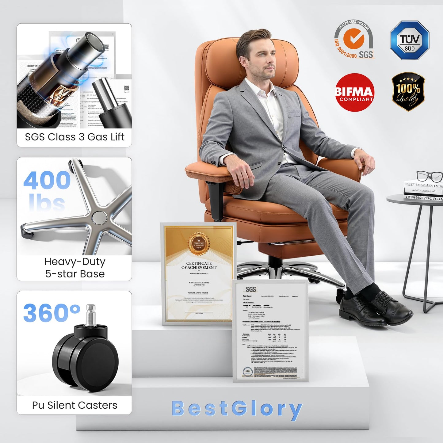 BestGlory Office Desk Chair with Inflatable Lumbar Support, Ergonomic Office Chair [Upgraded Double-Layer Cushion & Footrest], 400 LBS Big and Tall Computer Desk Chair for Home Office Gaming, Brown