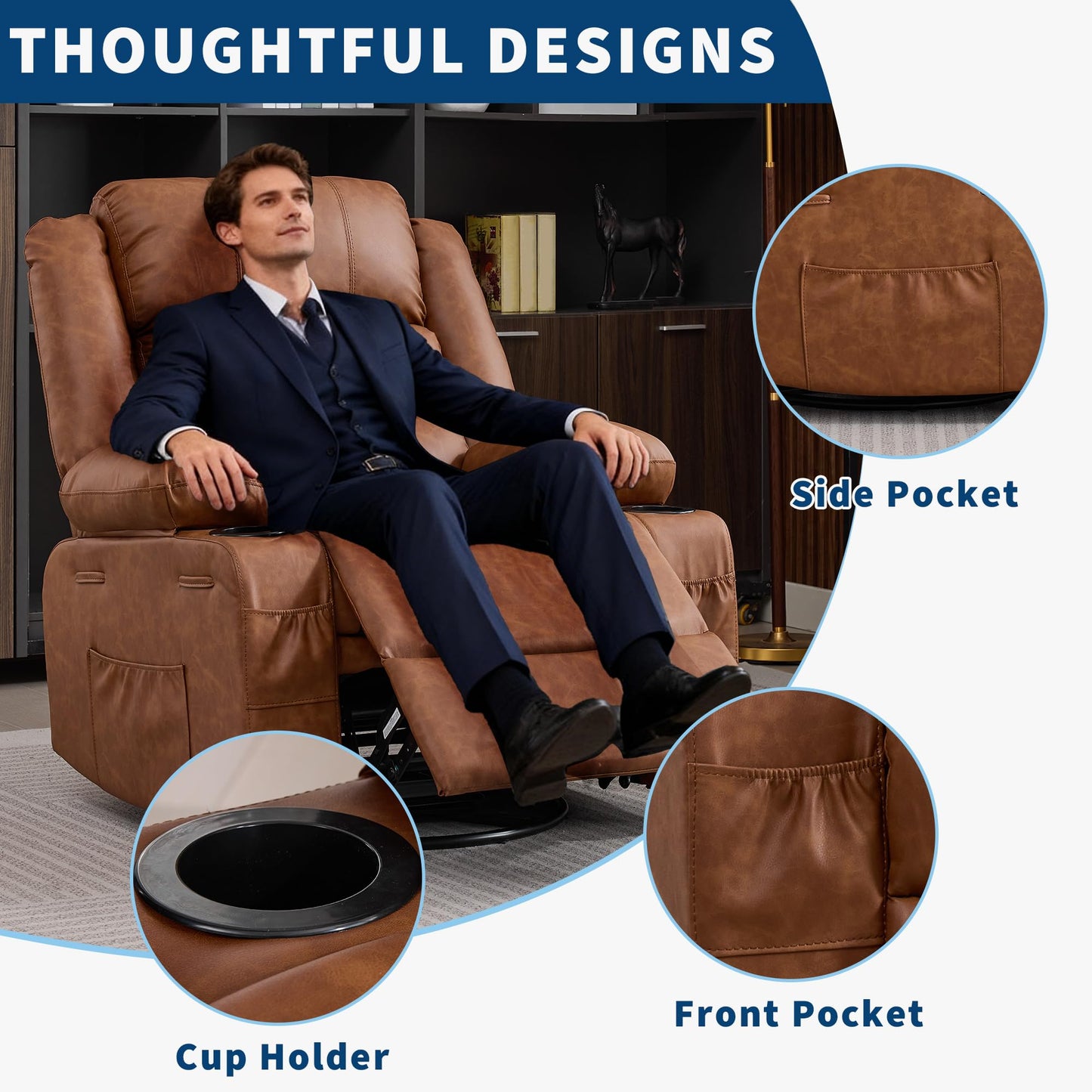 Rocking Recliner Chair for Adults PU Leather Wide 360° Swivel Rocker Recliner with Cup Holder Nursery Glider with Upholstered Deep Seat Lazy boy Chair for Living Room Brown