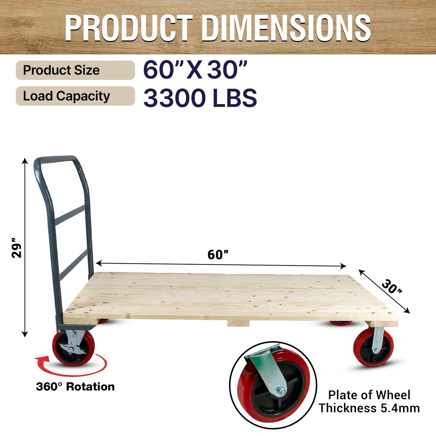 5Seconds Heavy Duty 3300LB Hardwood Flatbed Platform Cart – 60” x 30” Industrial Dolly Hand Push Truck, 8'' Swivel Locking Wheels – Super Heavy Duty Commercial Moving