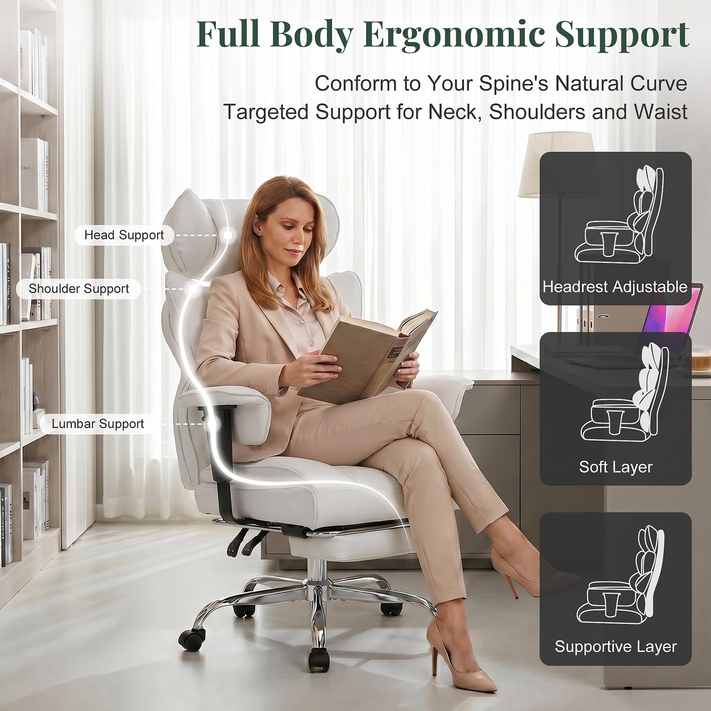 HAPPYMONT Big and Tall Ergonomic Office Chair,350 lbs,High Back Reclining PU Leather Gaming Chair with Footrest, Adjustable Armrests, Lumbar Support, Executive Desk Chair for Home Office, Beige