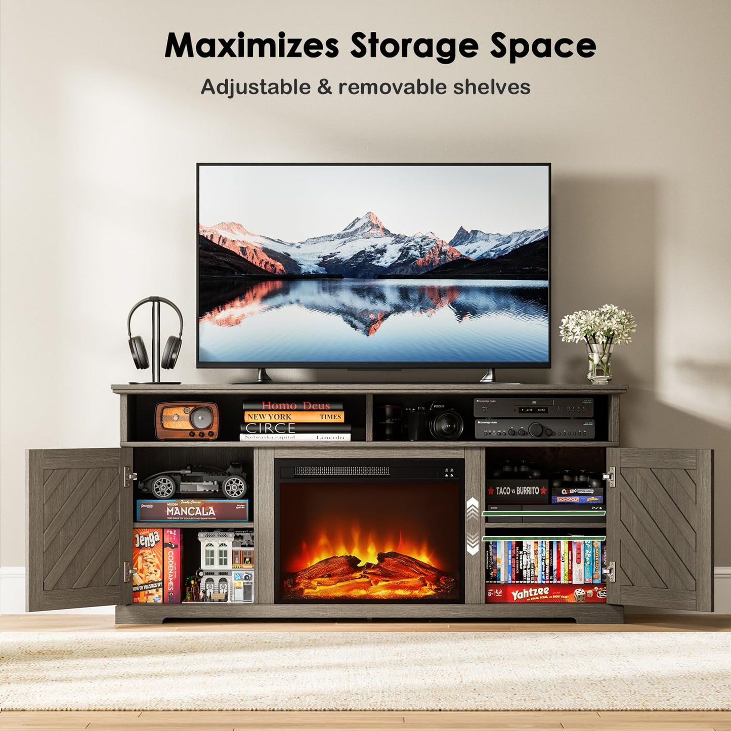 Marsail Fireplace TV Stand for 70 inch TV, Farmhouse Entertainment Center with Storage, Wood TV Console with Fireplace, TV Cabinets for Living Room and Bedroom, Grey